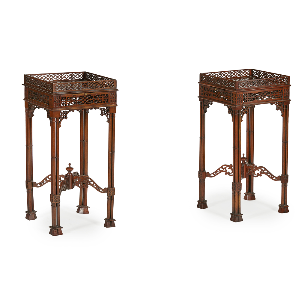 PAIR OF GEORGE III STYLE 'CHINESE CHIPPENDALE' MAHOGANY URN STANDS