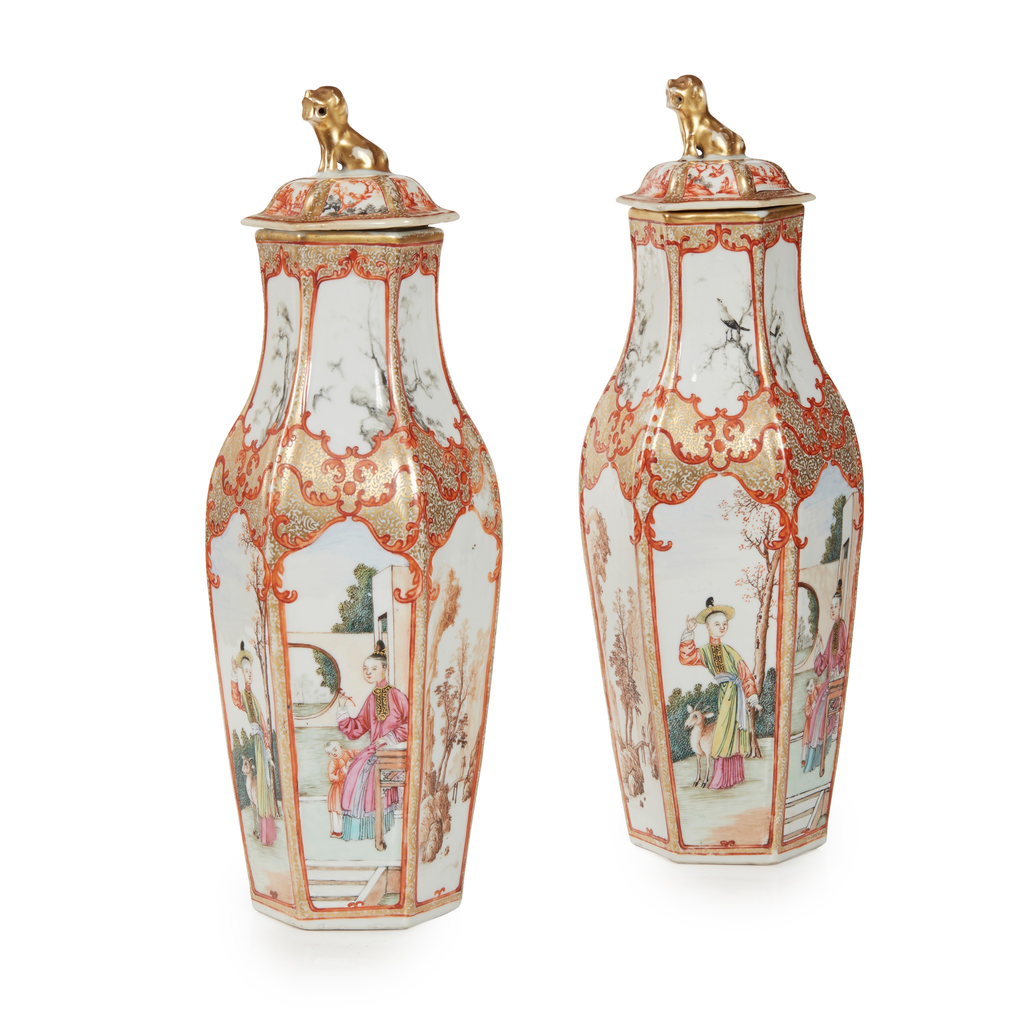 A PAIR OF CHINESE FAMILLE ROSE PORCELAIN HEXAGONAL COVERED VASES