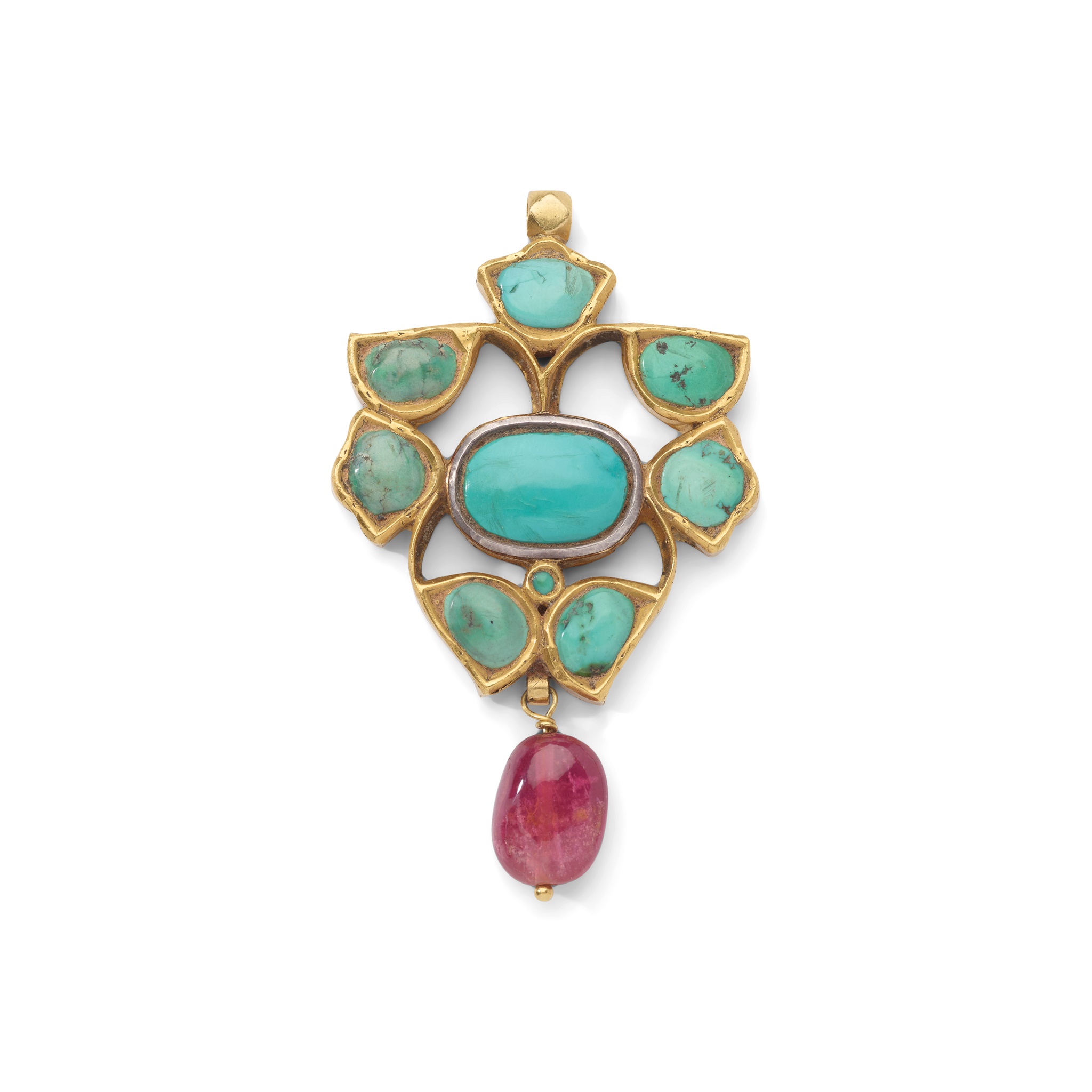 An Indian turquoise and pink tourmaline pendant