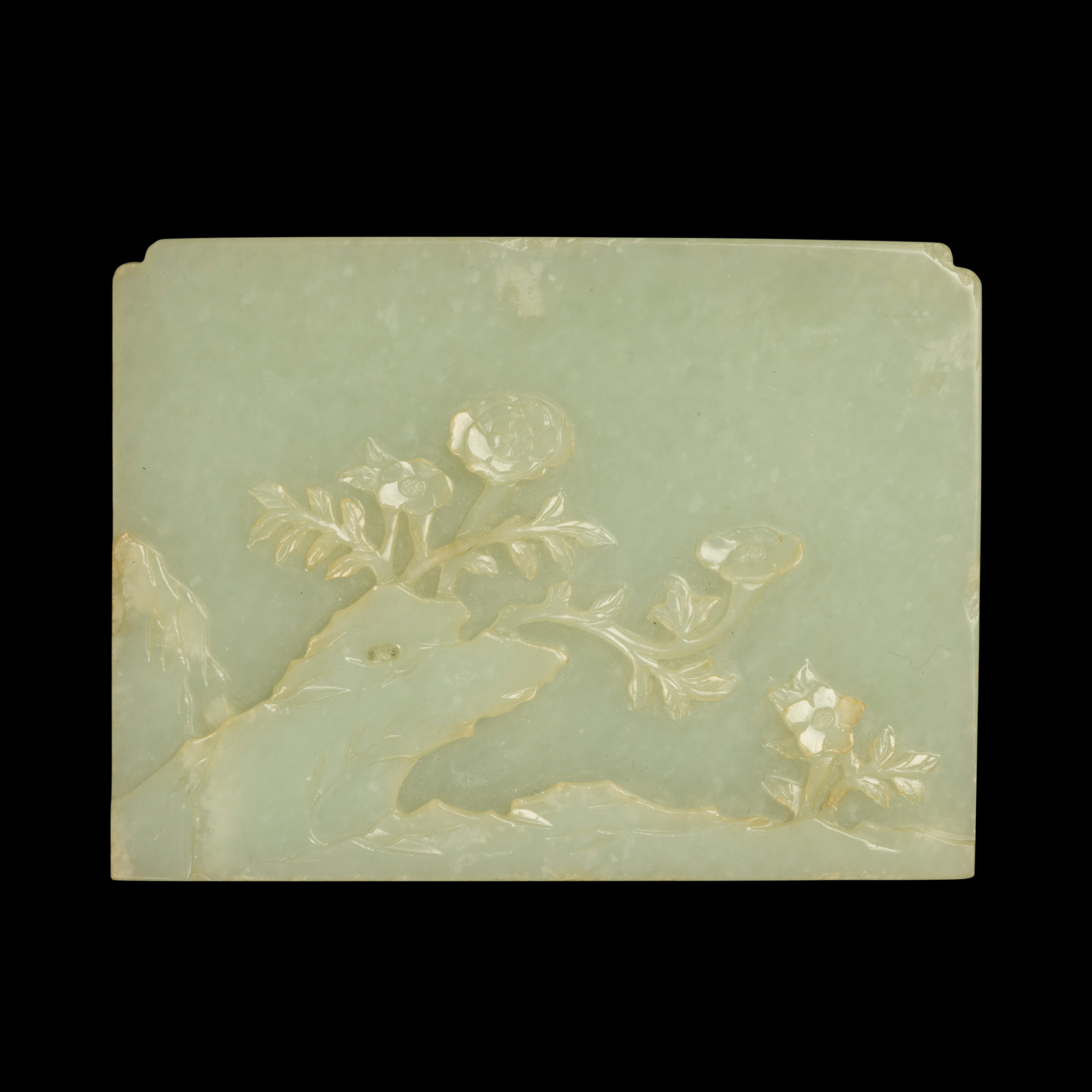 CHINESE PALE CELADON JADE INSCRIBED 'FLOWERS ON ROCK' PLAQUE