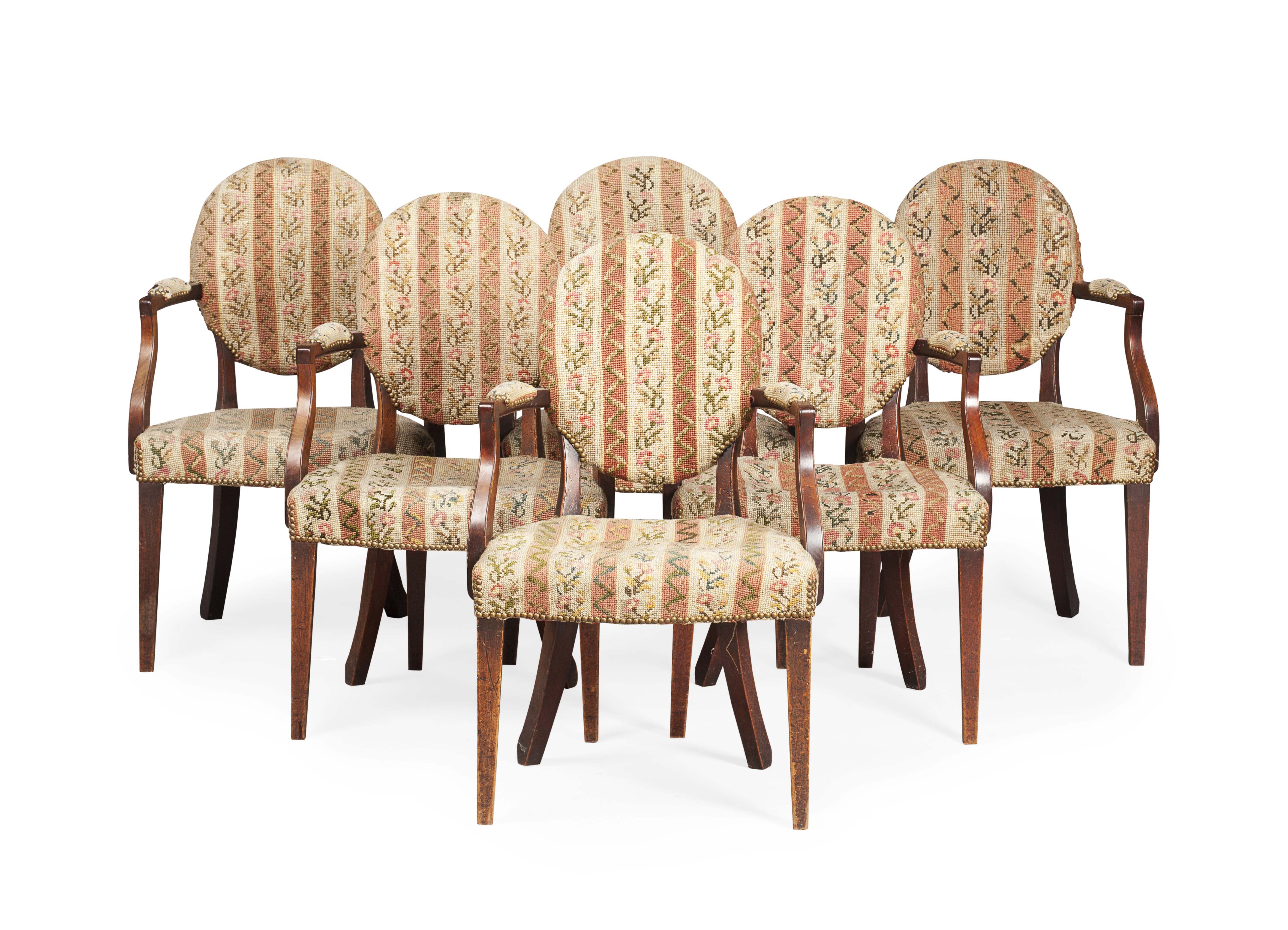 SET OF SIX GEORGIAN MAHOGANY AND NEEDLEWORK OPEN ARMCHAIRS
