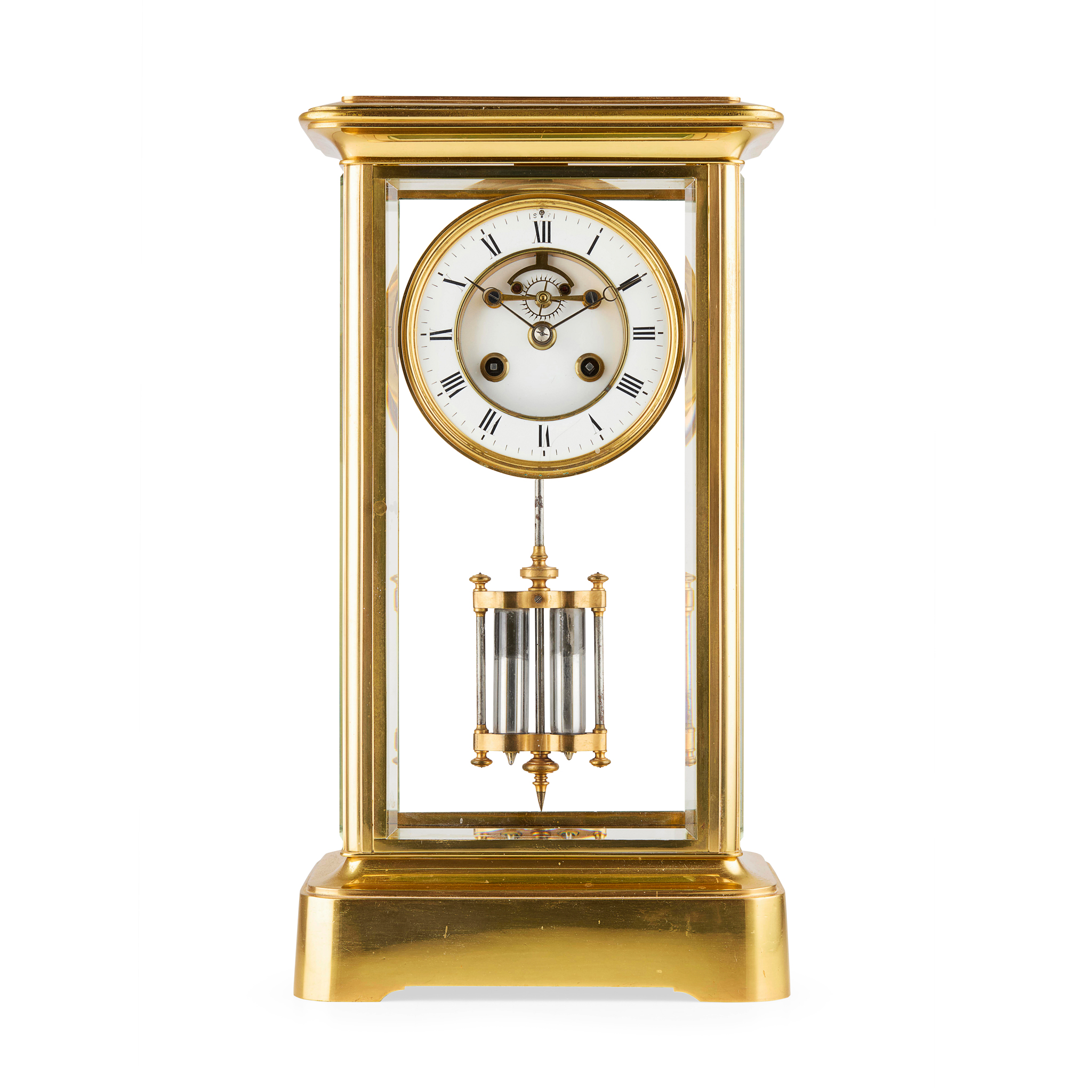 FRENCH GILT BRASS FOUR GLASS MANTEL CLOCK