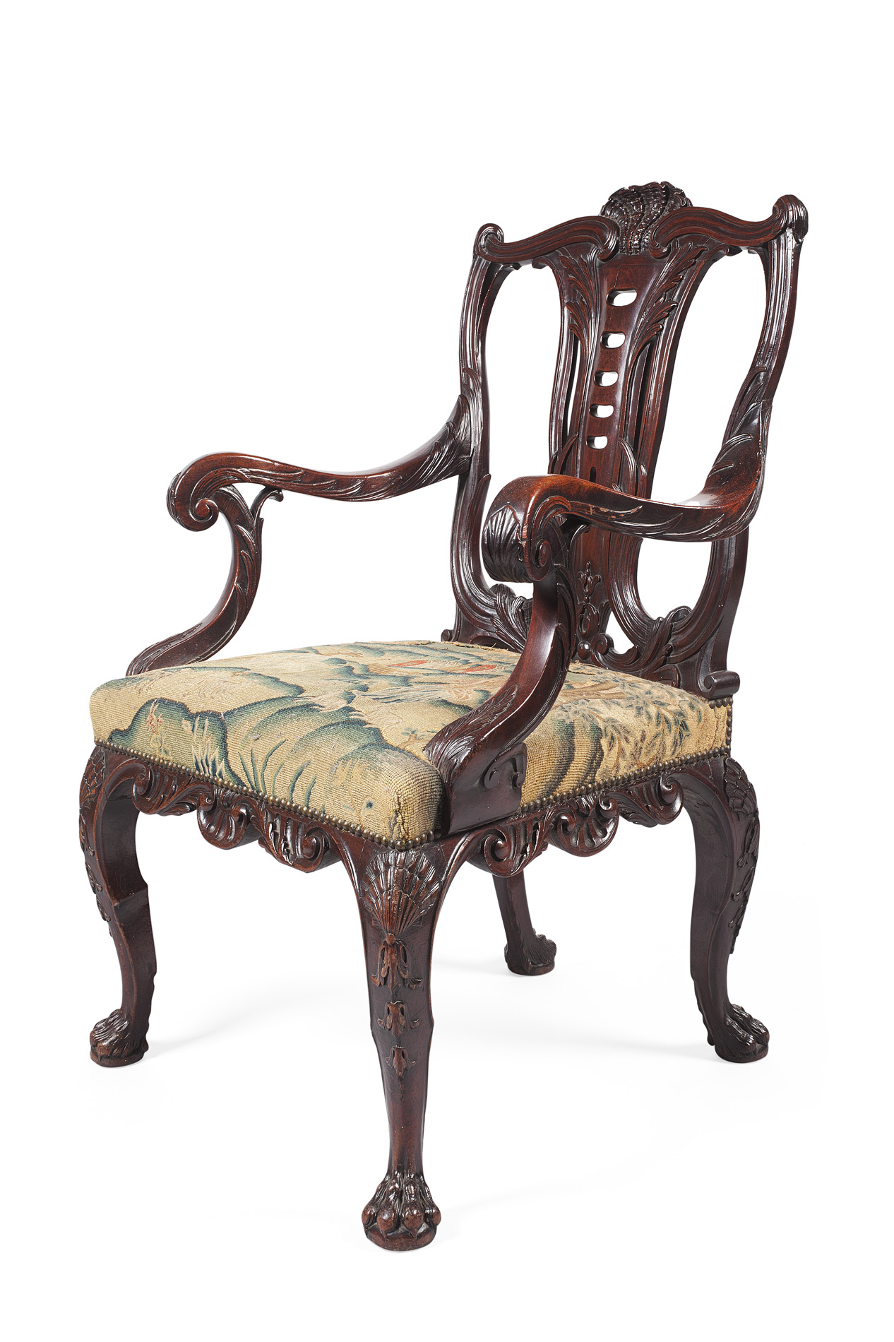 IRISH GEORGE II STYLE MAHOGANY OPEN ARMCHAIR