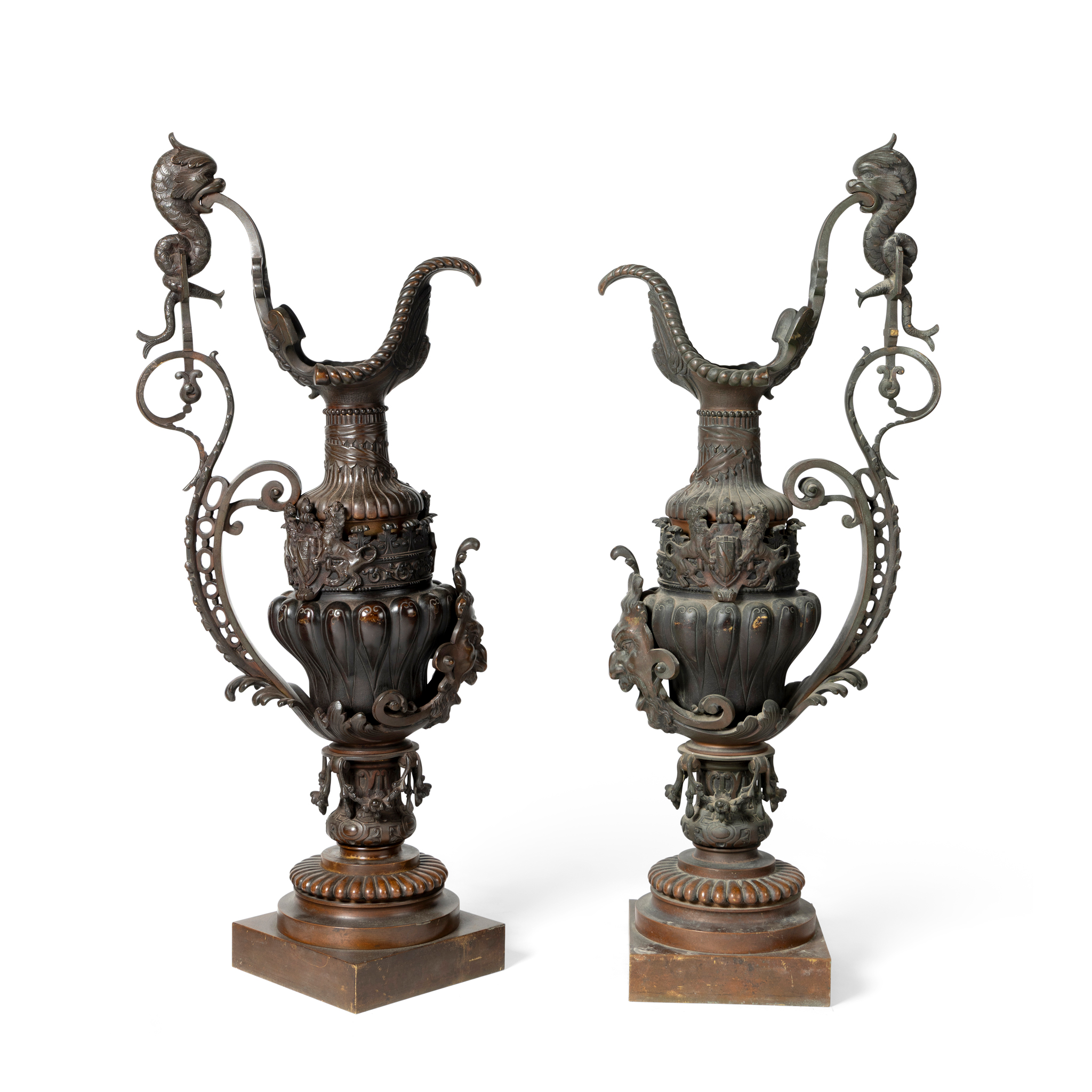 A PAIR OF BRONZE RENAISSANCE STYLE EWERS