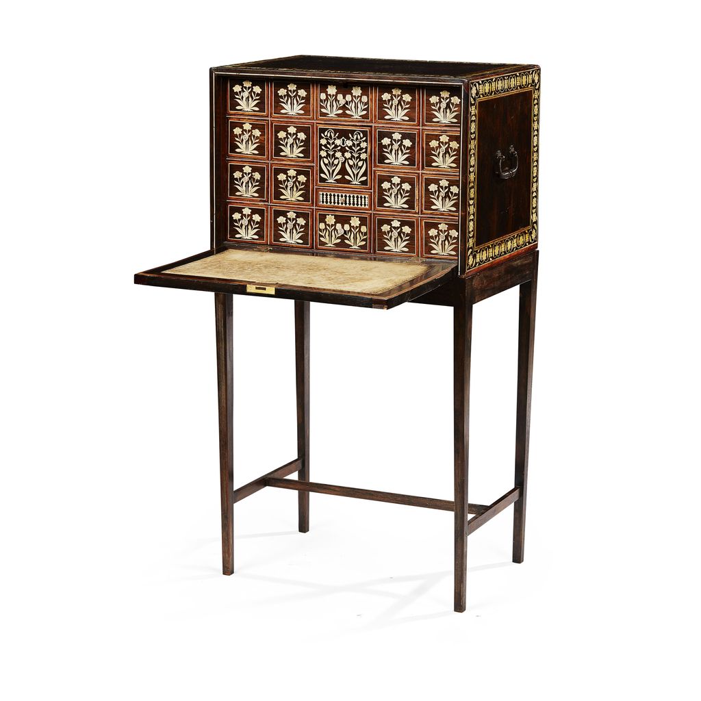 INDO-PORTUGUESE ROSEWOOD, IVORY AND MARQUETRY CABINET ON STAND