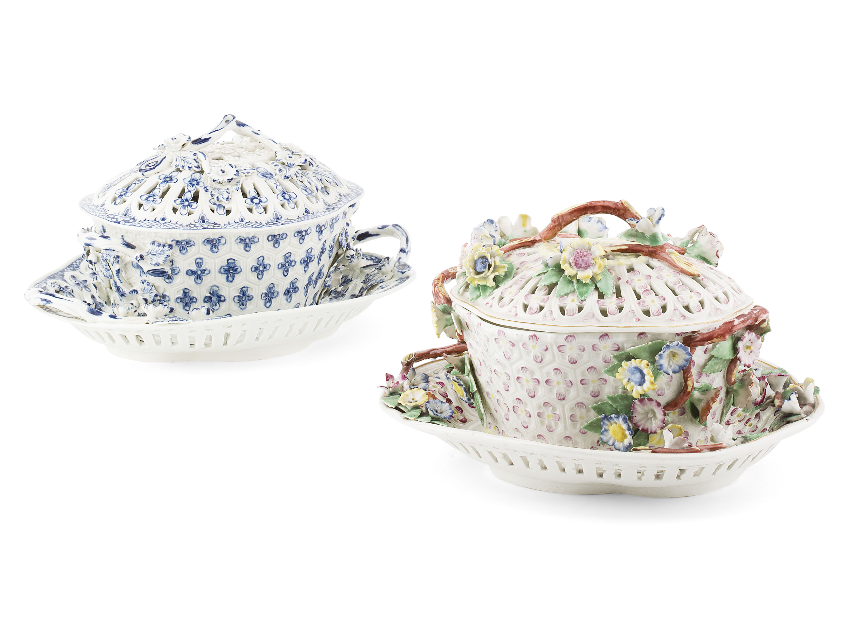 WORCESTER PORCELAIN CHESTNUT BASKET, COVER AND STAND