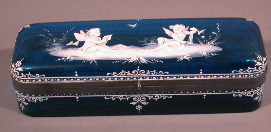 A French rectangular blue glass casket