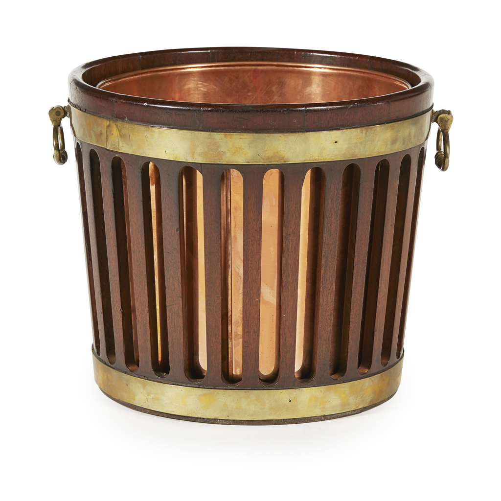 GEORGE III MAHOGANY BRASS BANDED PEAT BUCKET