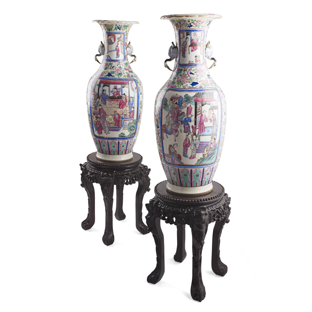 PAIR OF CANTON BALUSTER VASES AND STANDS