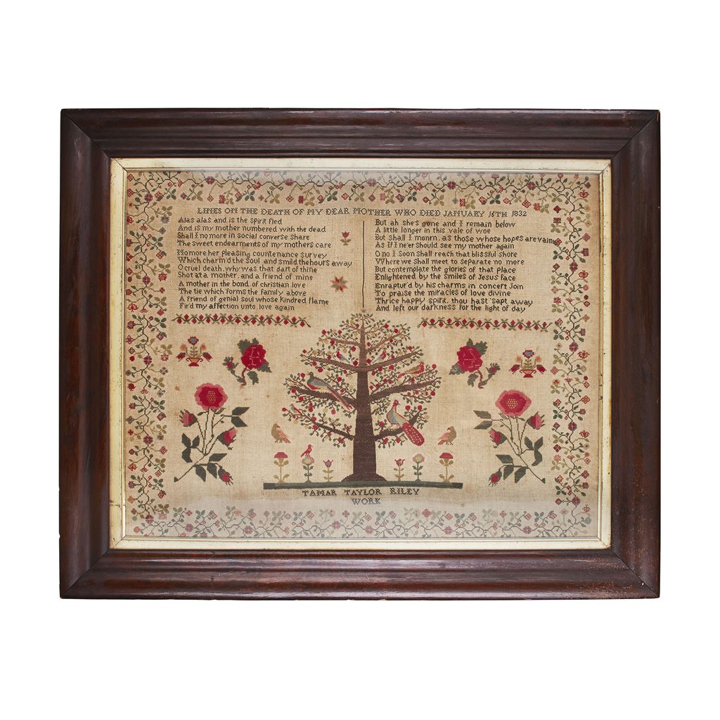 LARGE ENGLISH NEEDLEWORK MEMORIAL SAMPLER