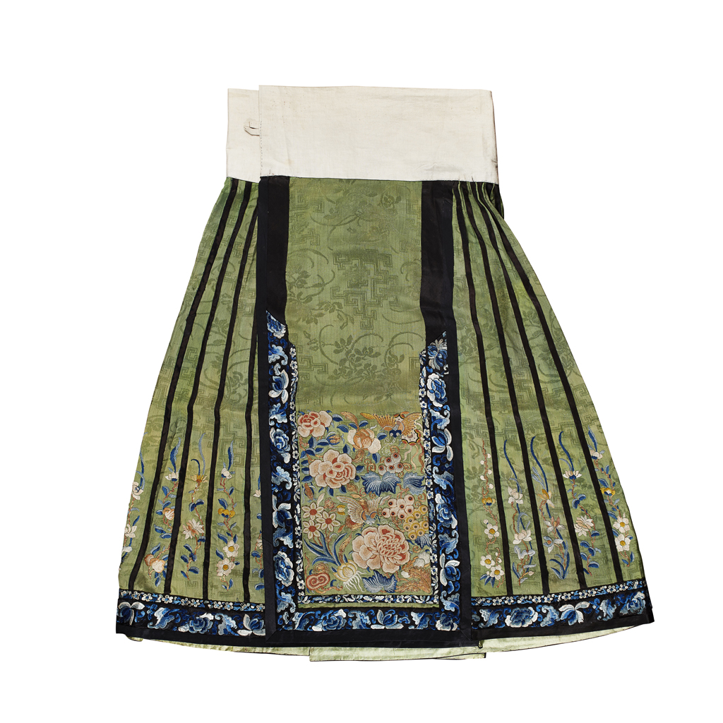 OLIVE GREEN SILK DAMASK SKIRT