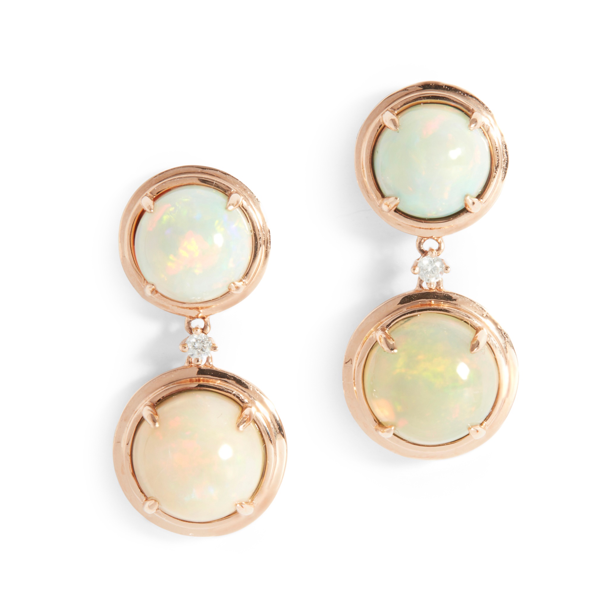 A pair of opal and diamond pendent earrings