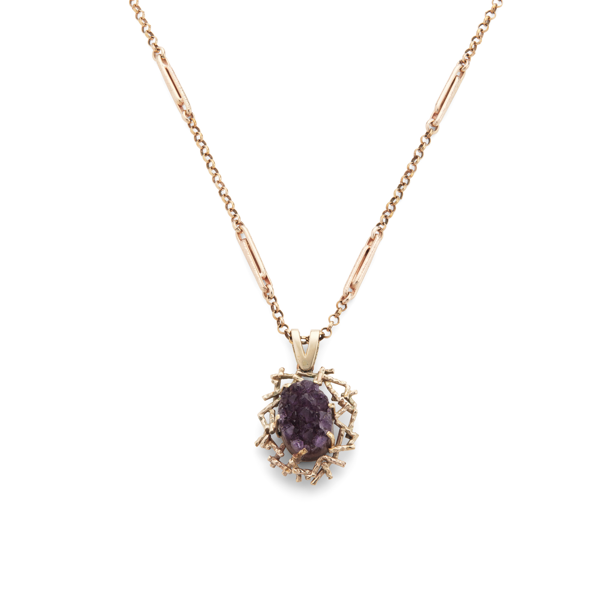 A 1970s 9ct gold amethyst geode pendant necklace
