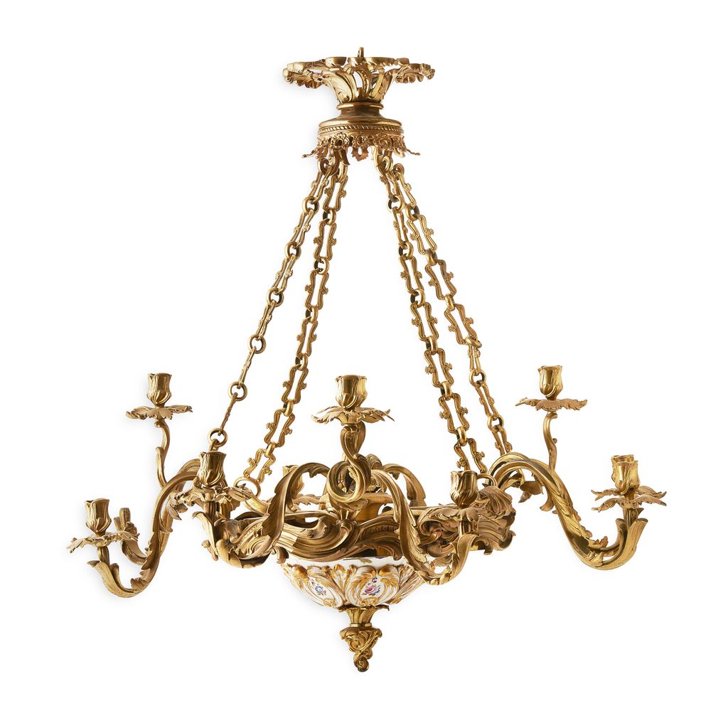 ENGLISH PORCELAIN AND GILT METAL MOUNTED EIGHT LIGHT CHANDELIER