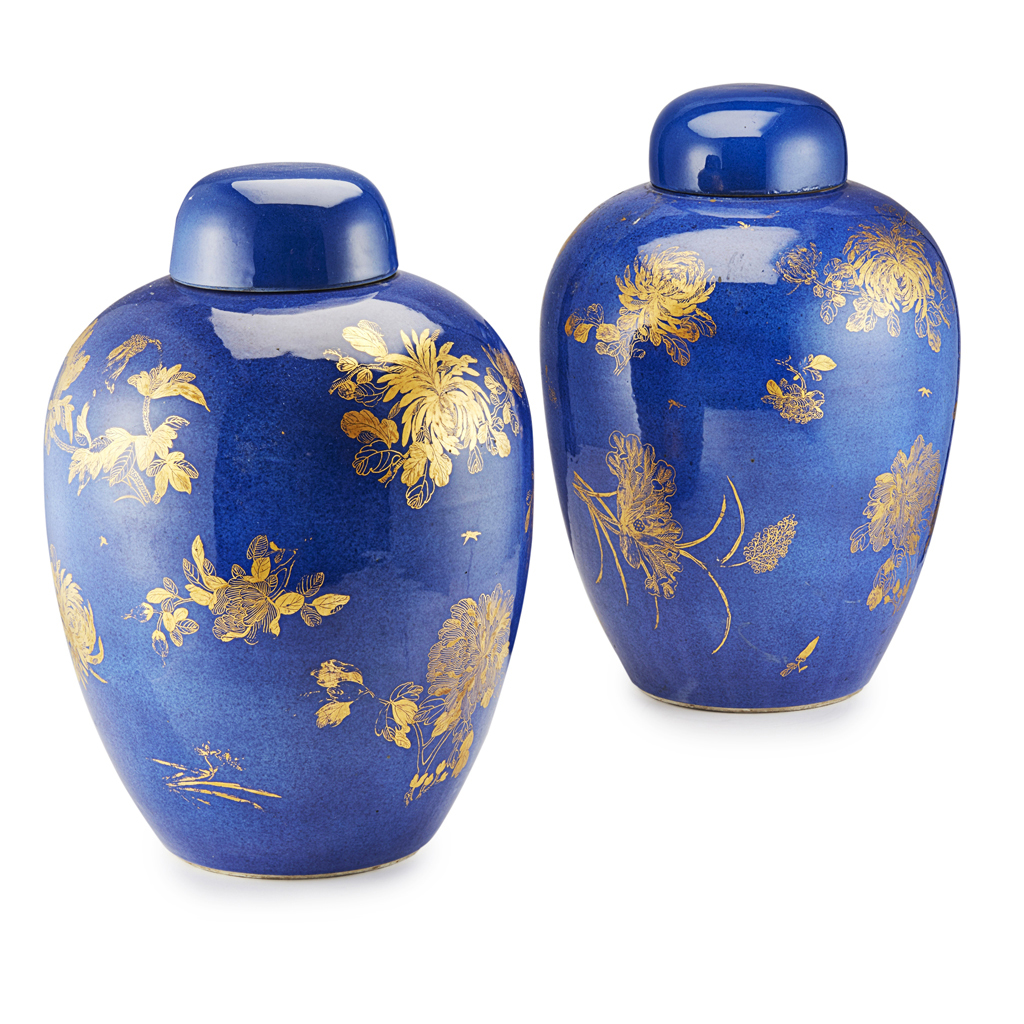 PAIR OF GILT-DECORATED POWDER-BLUE OVOID JARS AND COVERS
