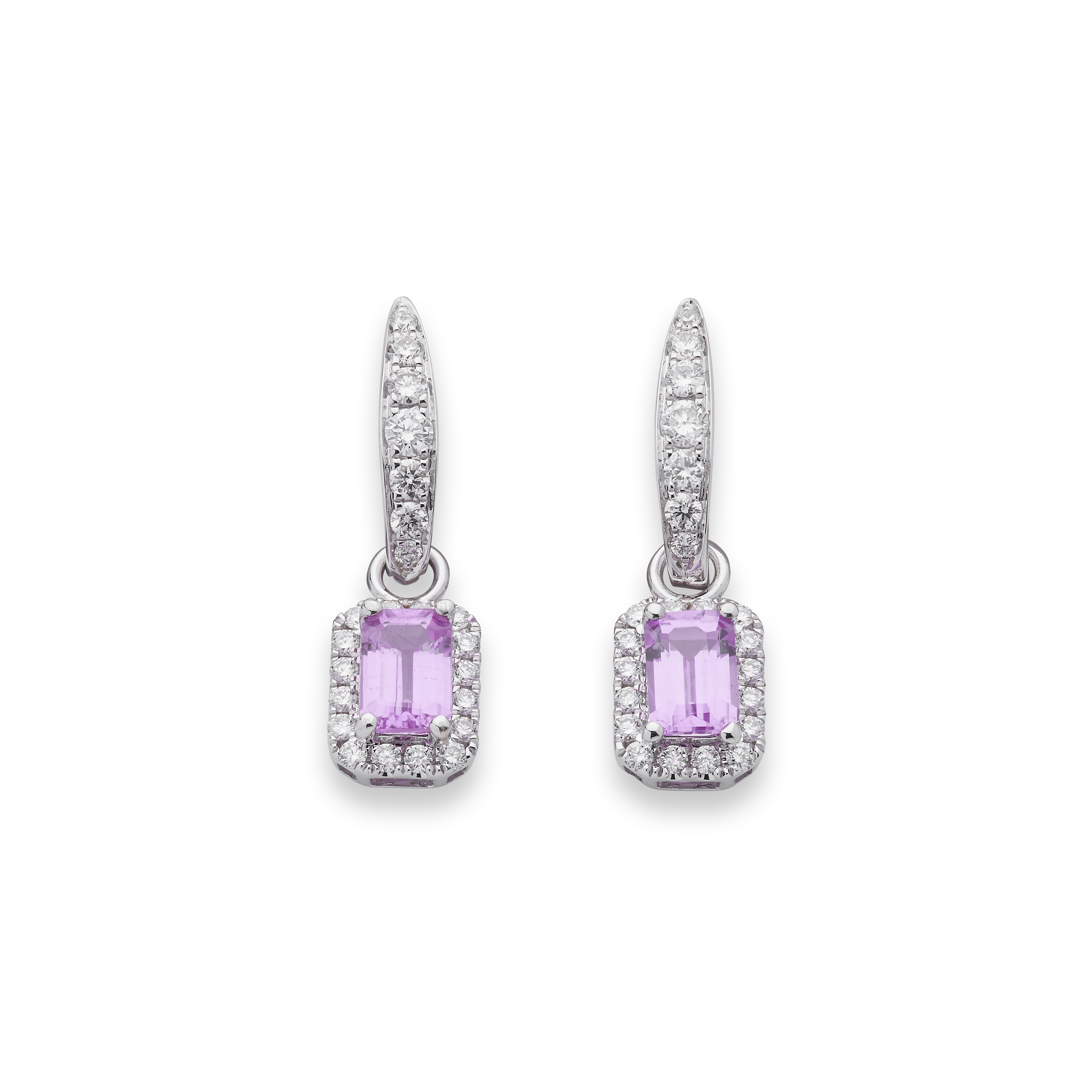 A pair of pink sapphire and diamond pendent earrings