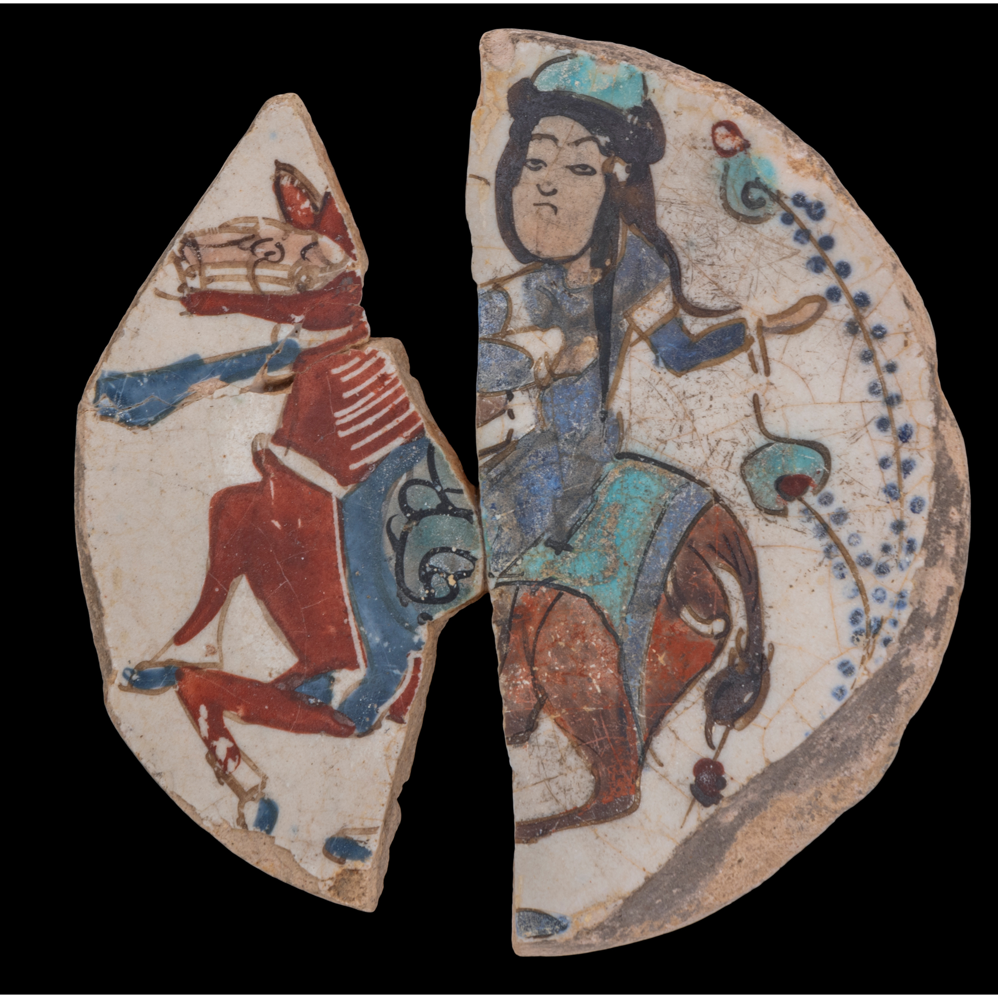 TWO MINA’I POTTERY SHARDS WITH A FIGURE ON HORSEBACK