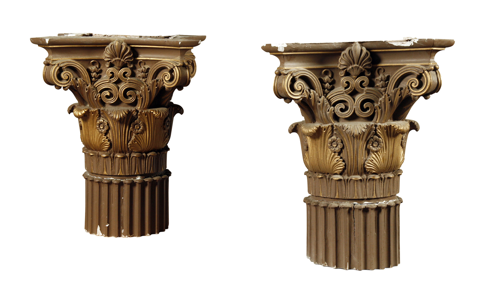 SET OF THREE PAINTED PLASTER COMPOSITE COLUMN CAPITALS