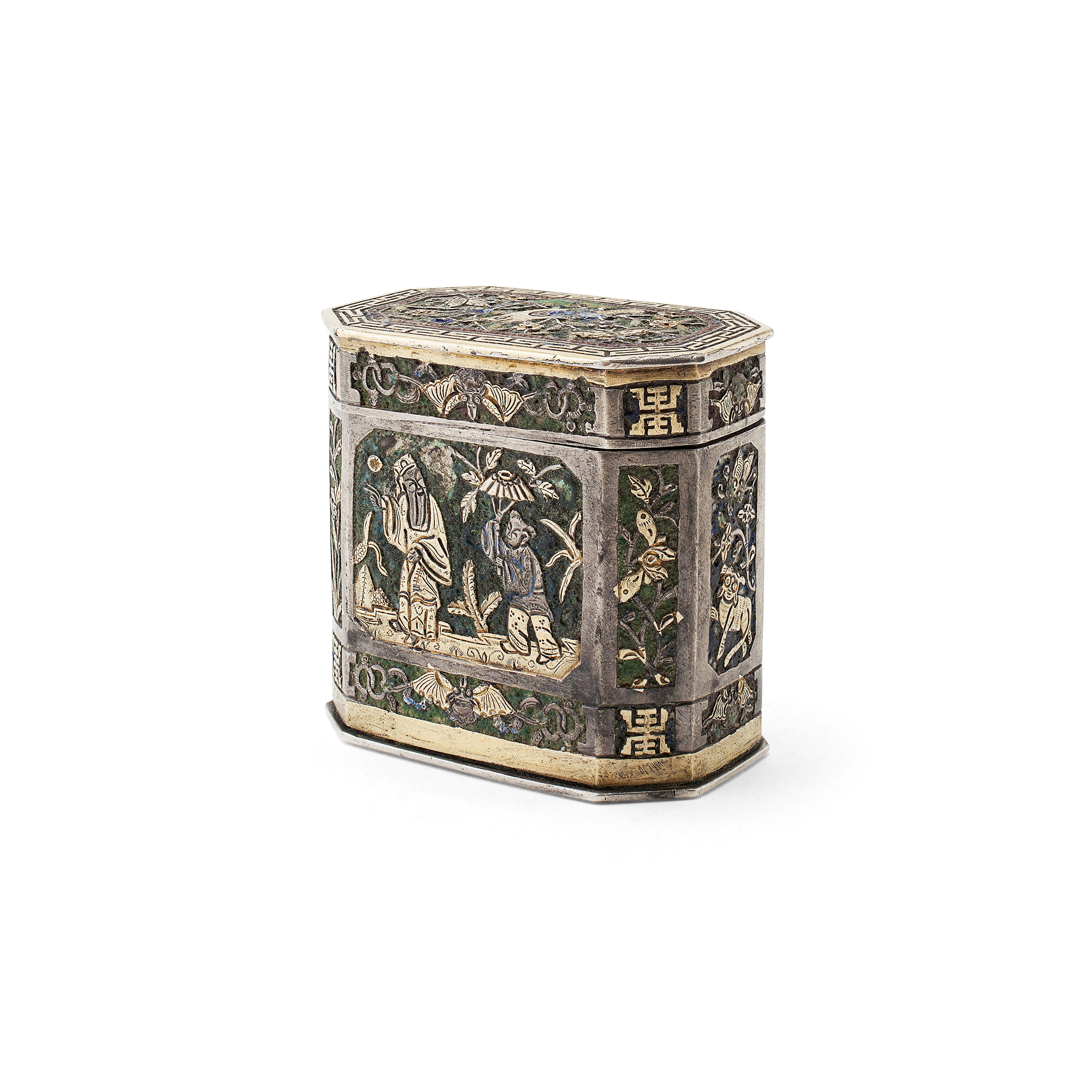 CHINESE SILVER HEXAGONAL BOX AND COVER