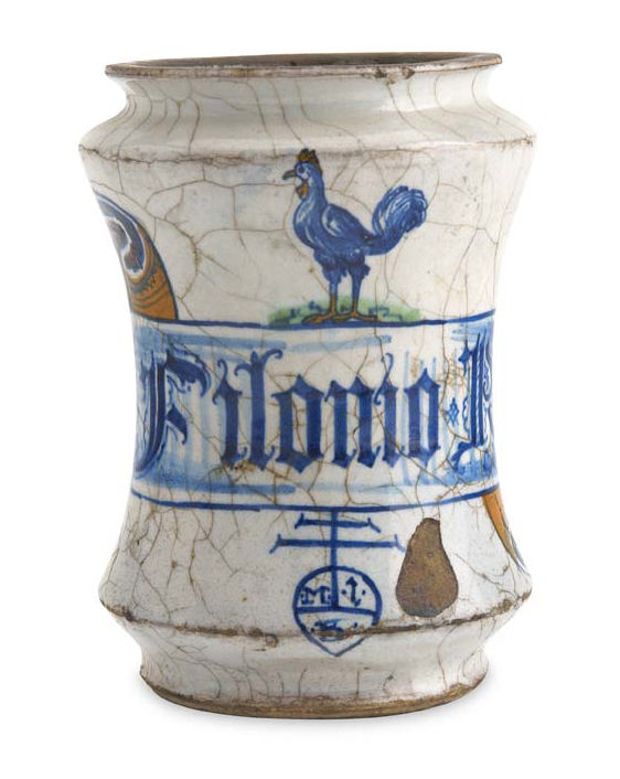 A mid 16th century Castel Durante maiolica albarello