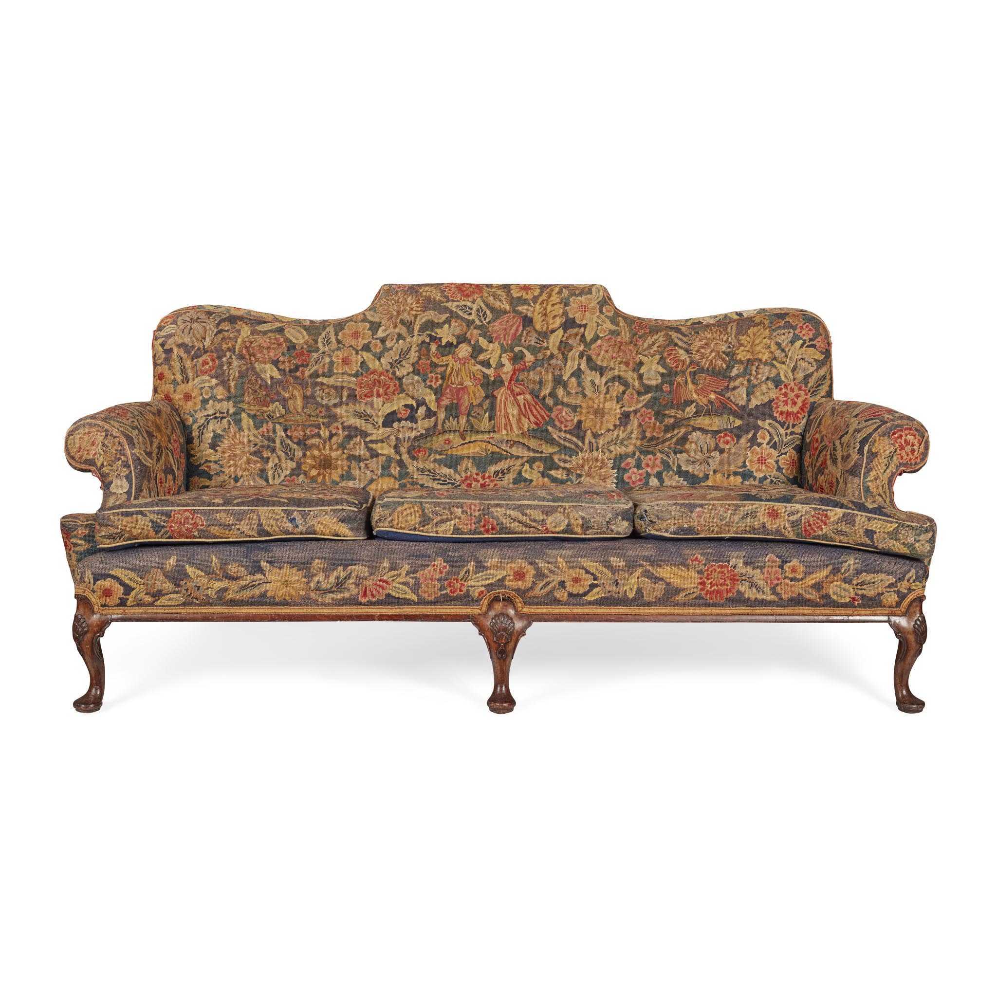 GEORGIAN STYLE WALNUT FRAMED NEEDLEWORK SOFA
