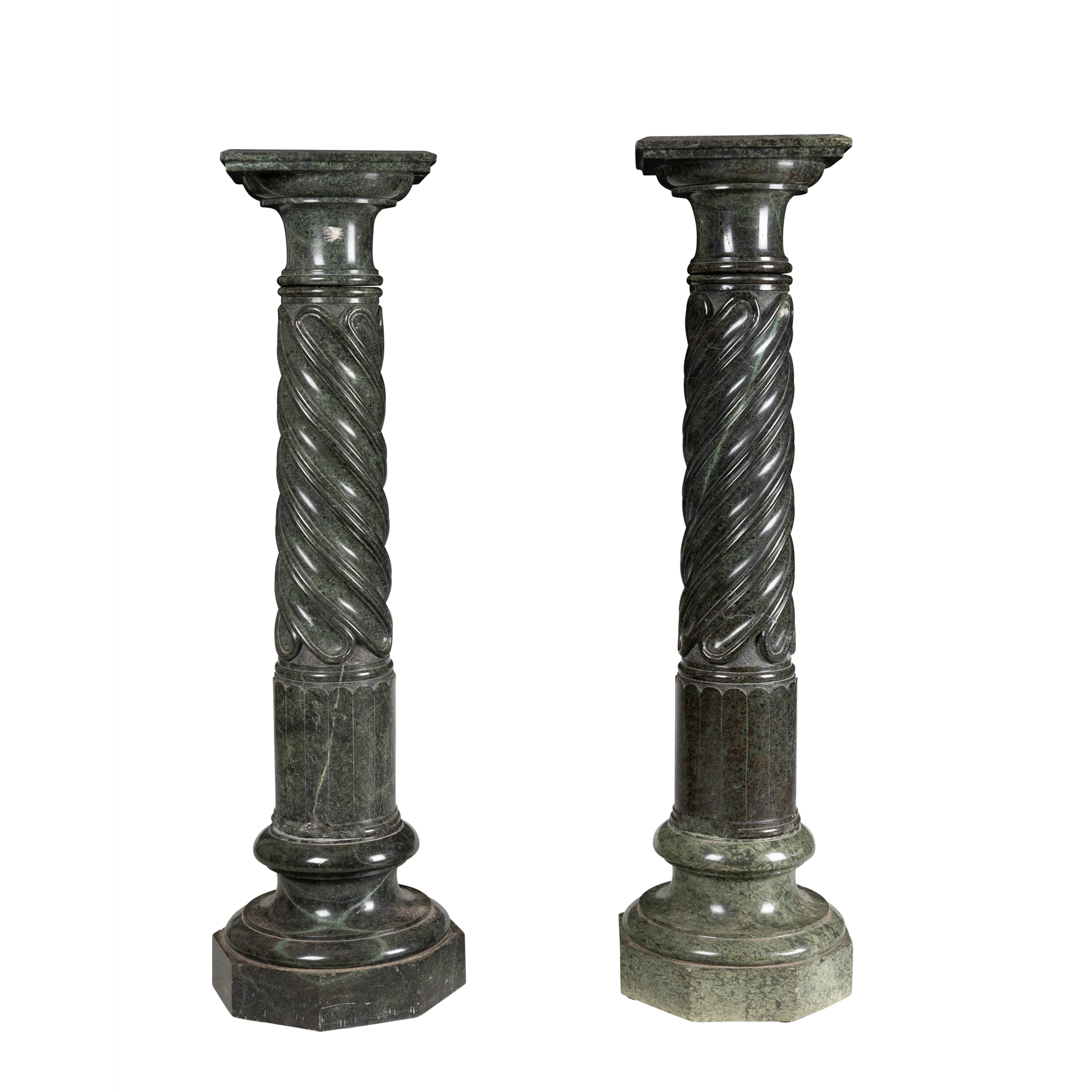 A PAIR OF GREEN MARBLE PEDESTALS