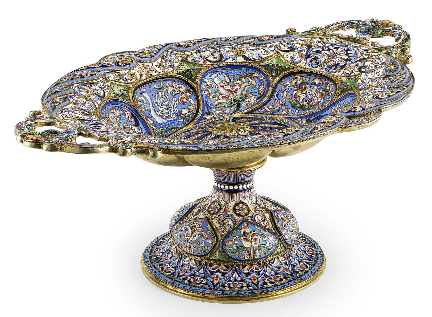 A Russian silver-gilt and cloisonné enamel two-handled tazza