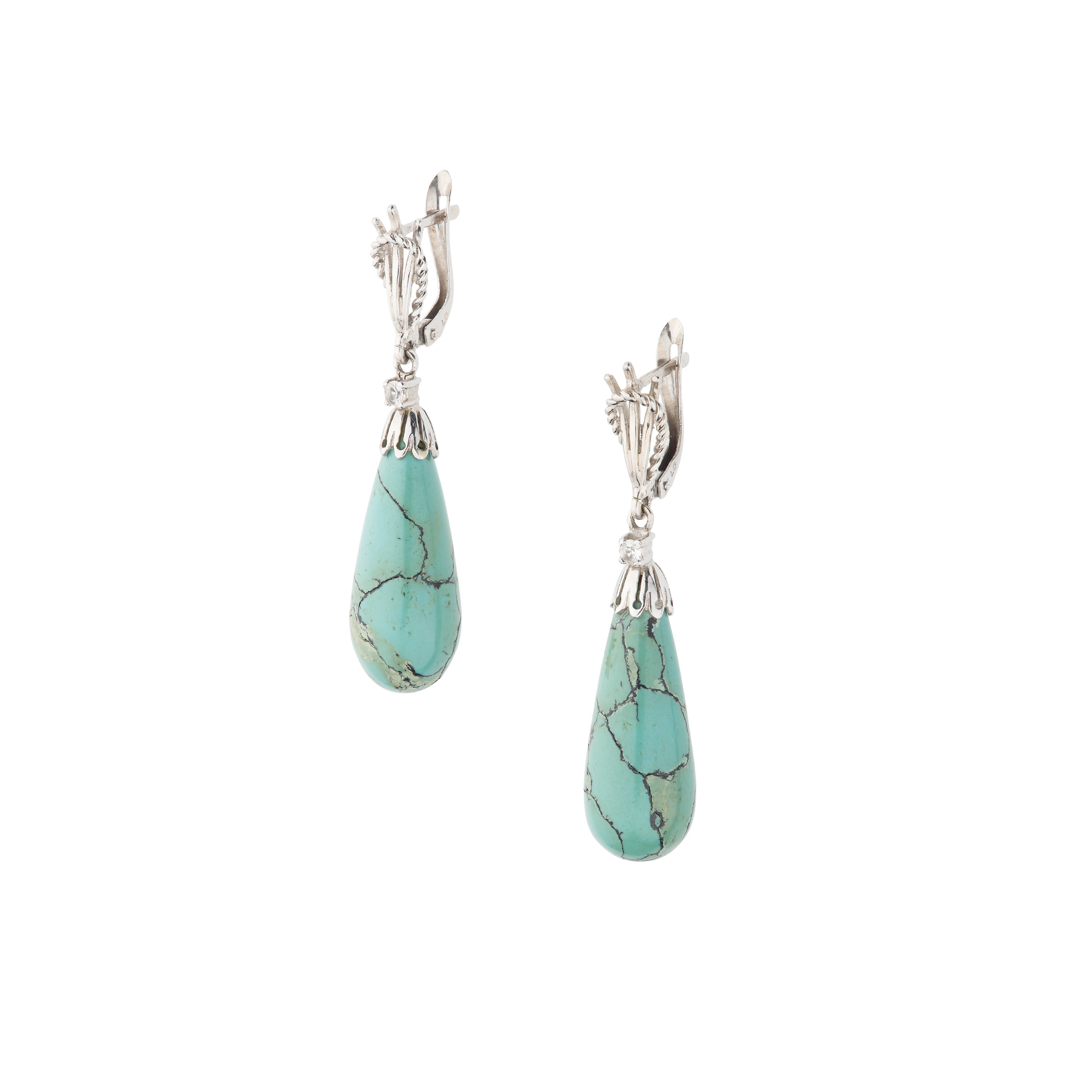 A pair of turquoise and diamond pendent earrings