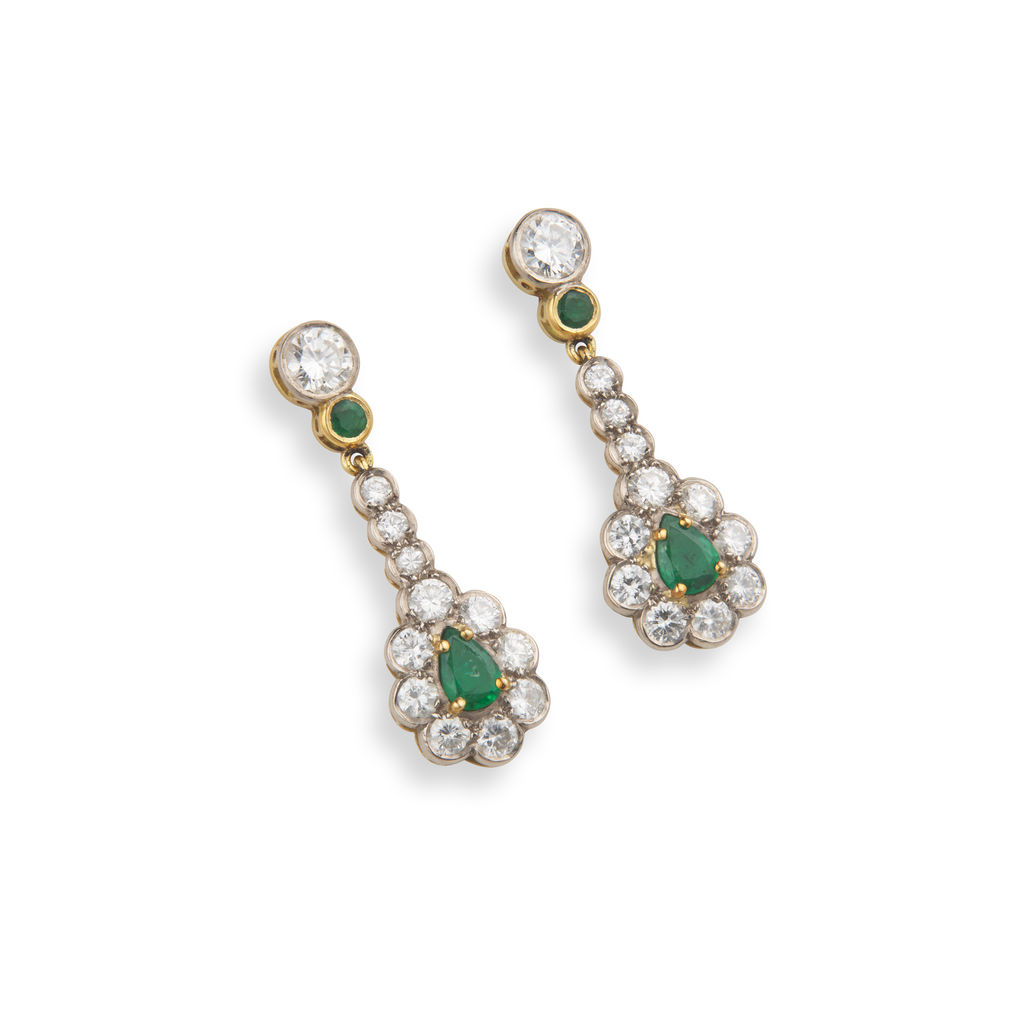 A pair of gold, emerald and diamond pendent earrings