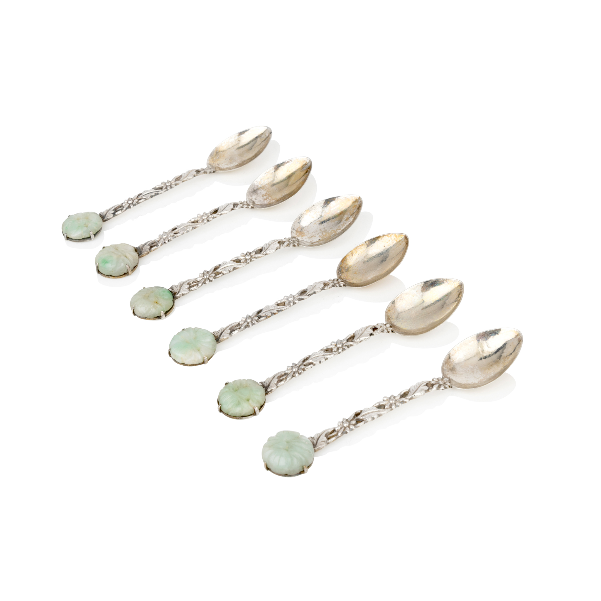 SET OF SIX CHINESE JADEITE-INSET EXPORT SILVER SPOONS