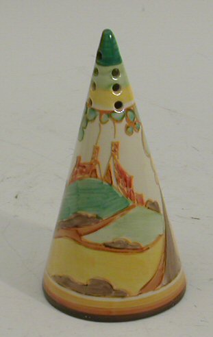 A Clarice Cliff conical sugar sifter,