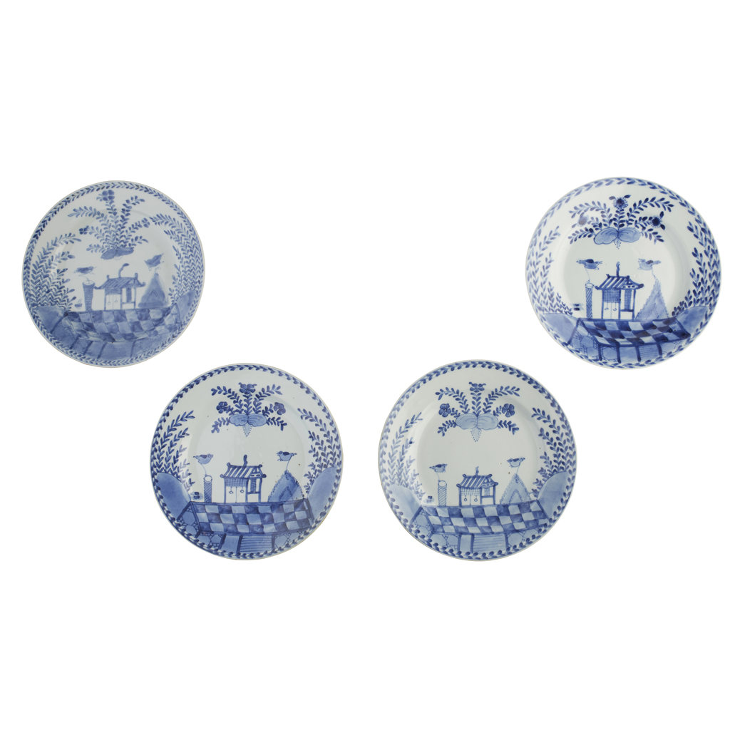 FOUR BLUE AND WHITE 'CUCKOO IN THE HOUSE' PATTERN PLATES