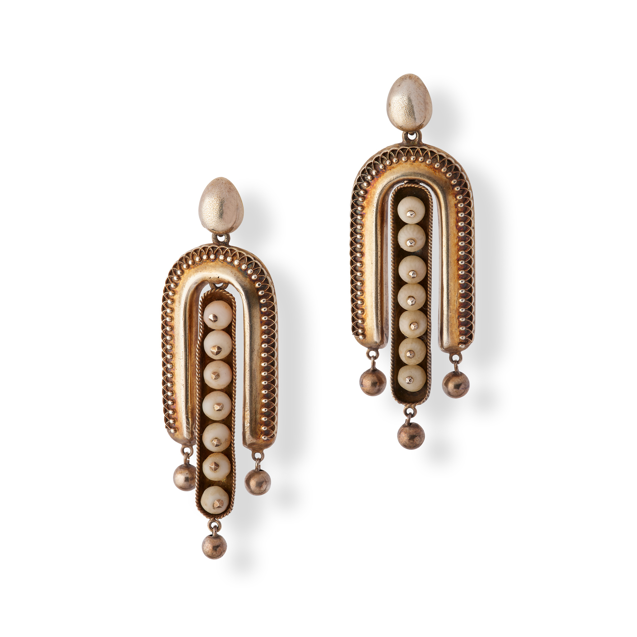 Arthur Thomas Penniall: A pair of Etruscan revival pendent earrings, circa 1865