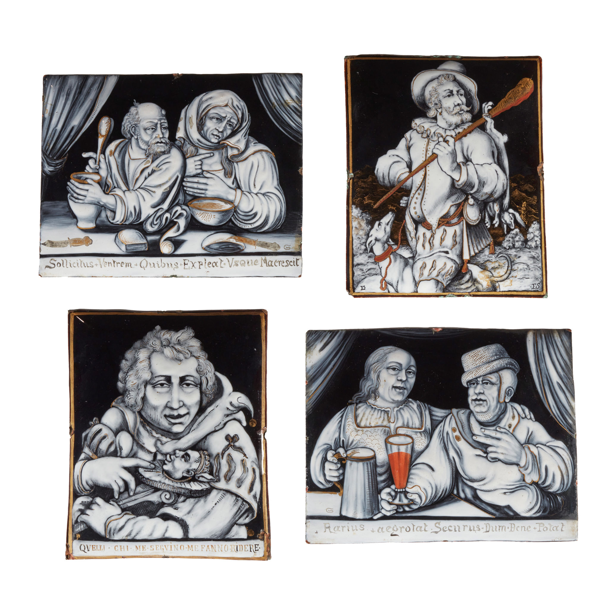 TWO PAIRS OF 16TH CENTURY STYLE GRISAILLE LIMOGES ENAMEL ON COPPER PLAQUES