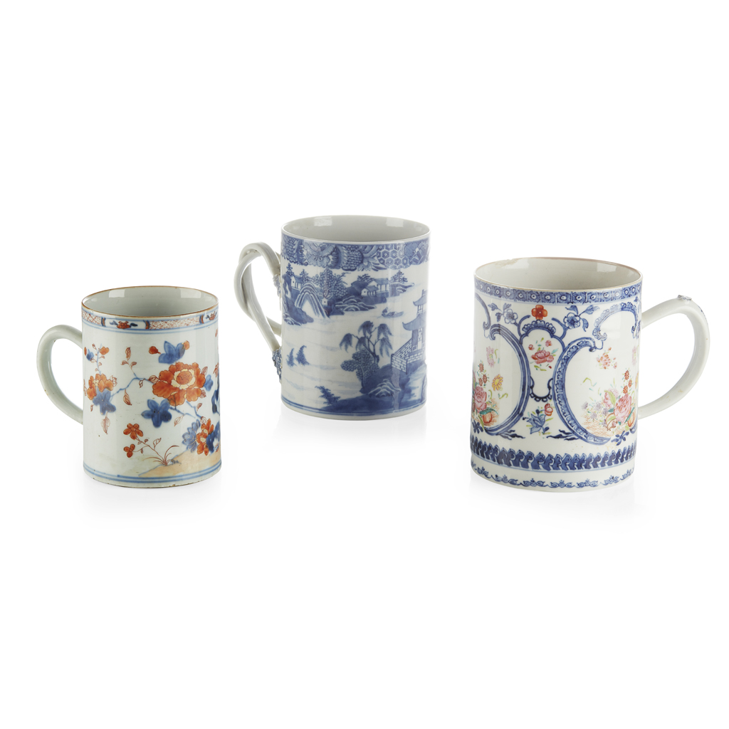 FIVE CHINESE EXPORT PORCELAIN TANKARDS