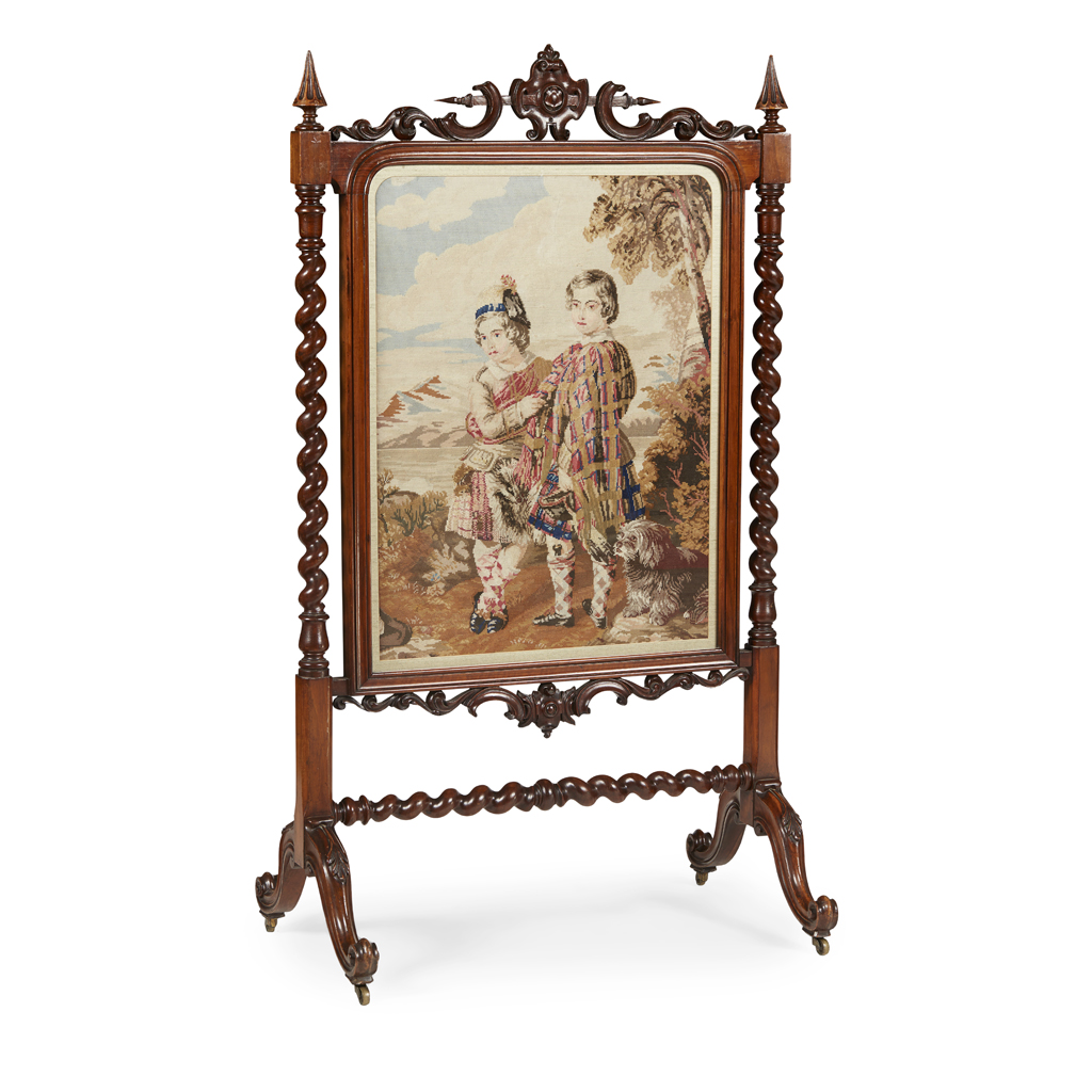 A SCOTTISH VICTORIAN MAHOGANY AND NEEDLEWORK FIRESCREEN