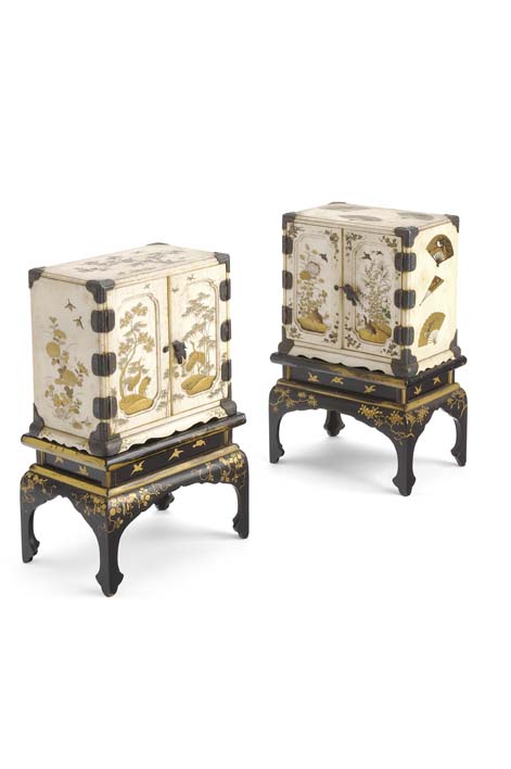 A pair of Japanese ivory and shibyama miniature cabinets on stands, Meiji period