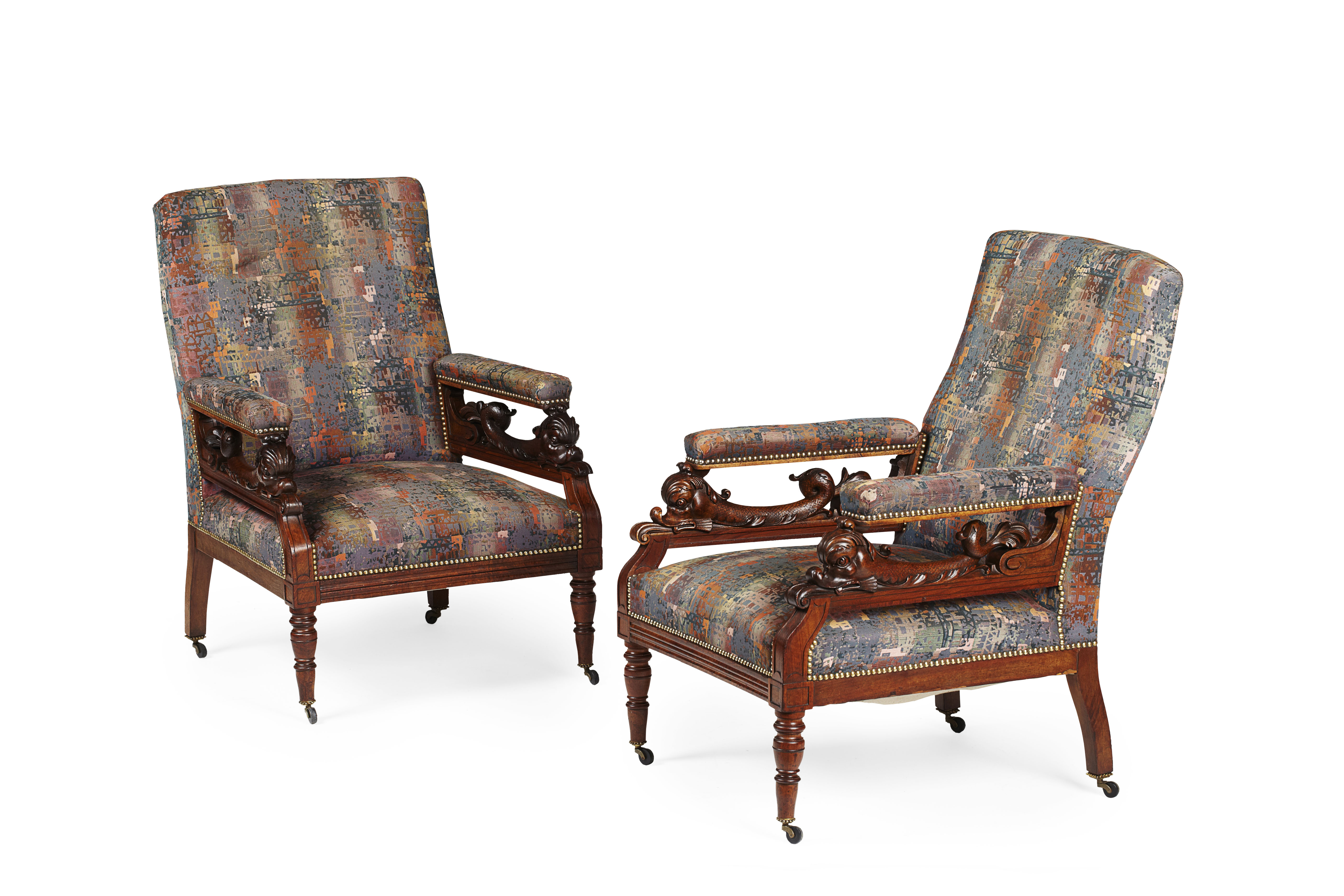 PAIR OF VICTORIAN MAHOGANY CARVED OPEN ARMCHAIRS