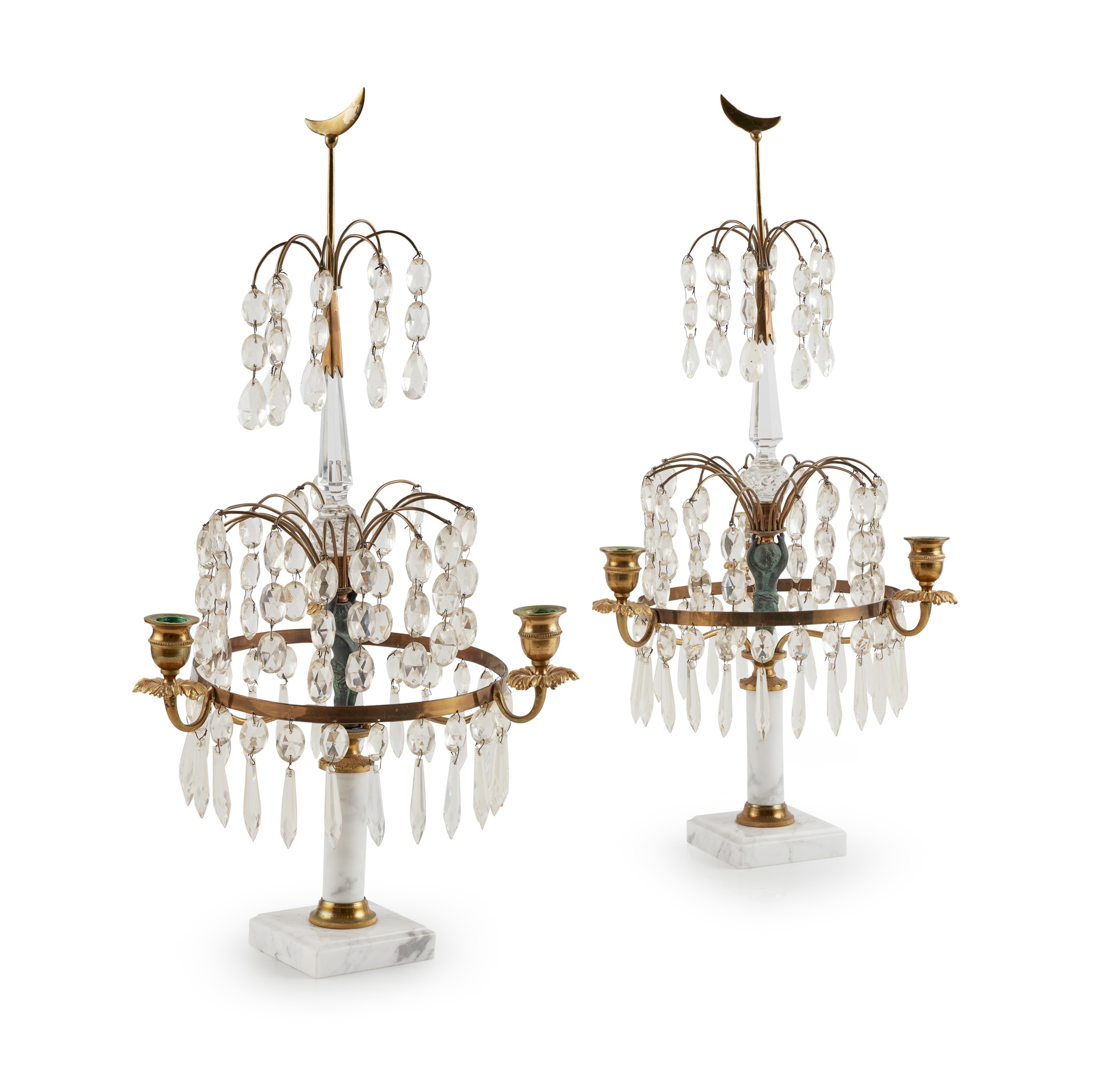 PAIR OF BALTIC STYLE BRASS, MARBLE AND CRYSTAL CANDELABRA