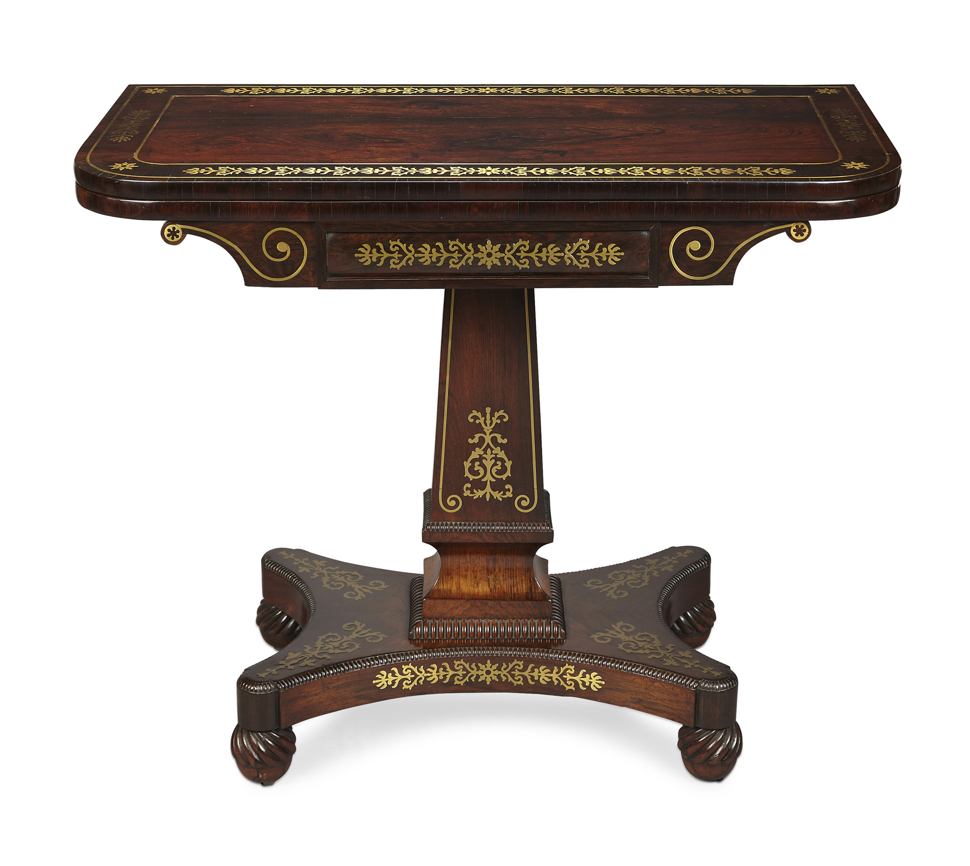 REGENCY ROSEWOOD AND BRASS INLAY FOLDOVER GAMES TABLE