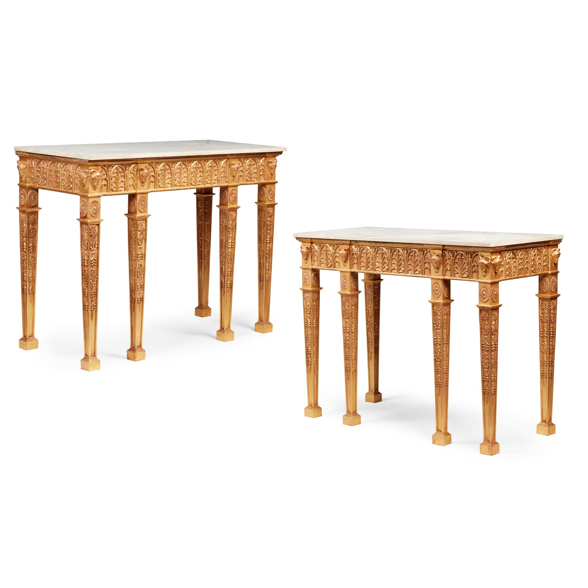 PAIR OF GEORGE III STYLE GILTWOOD MARBLE TOP PIER TABLES, IN THE MANNER OF ROBERT ADAM