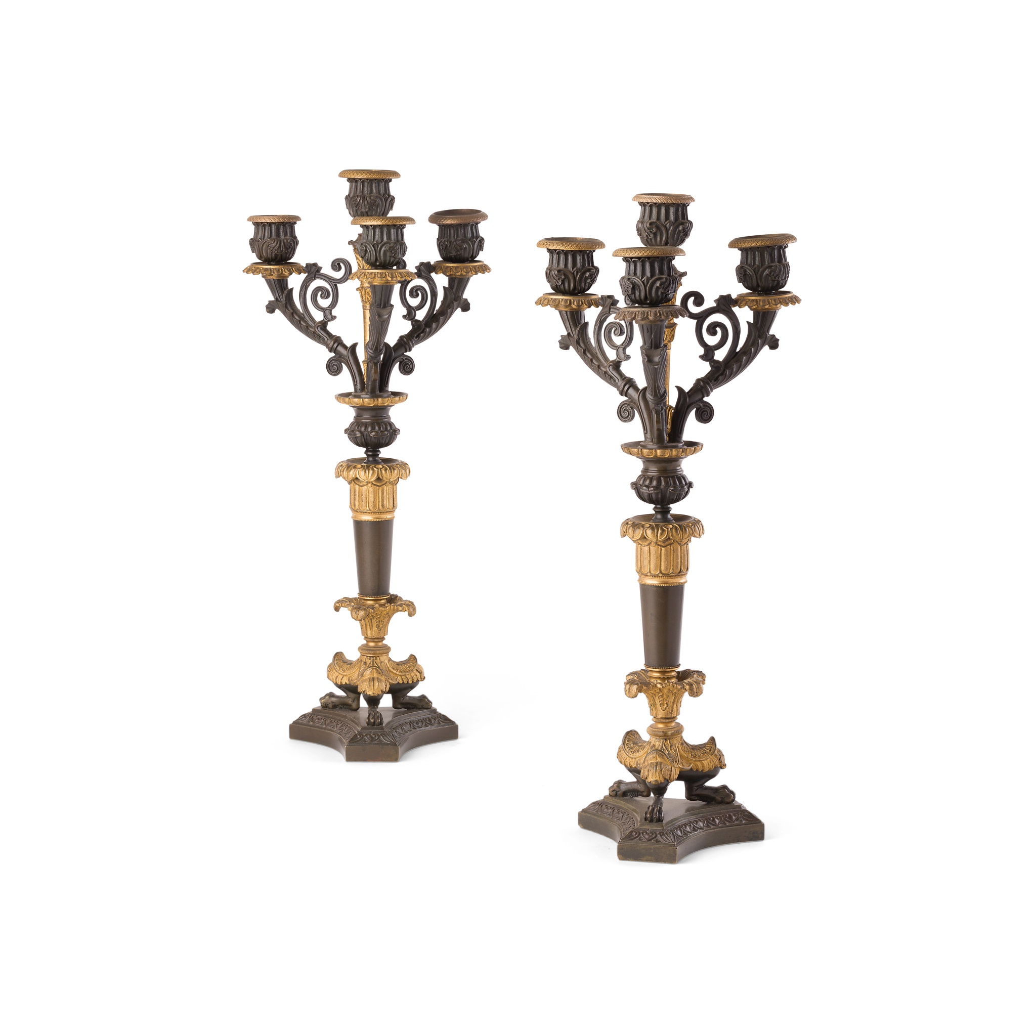 PAIR OF FRENCH EMPIRE PATINATED AND GILT BRONZE CANDELABRA