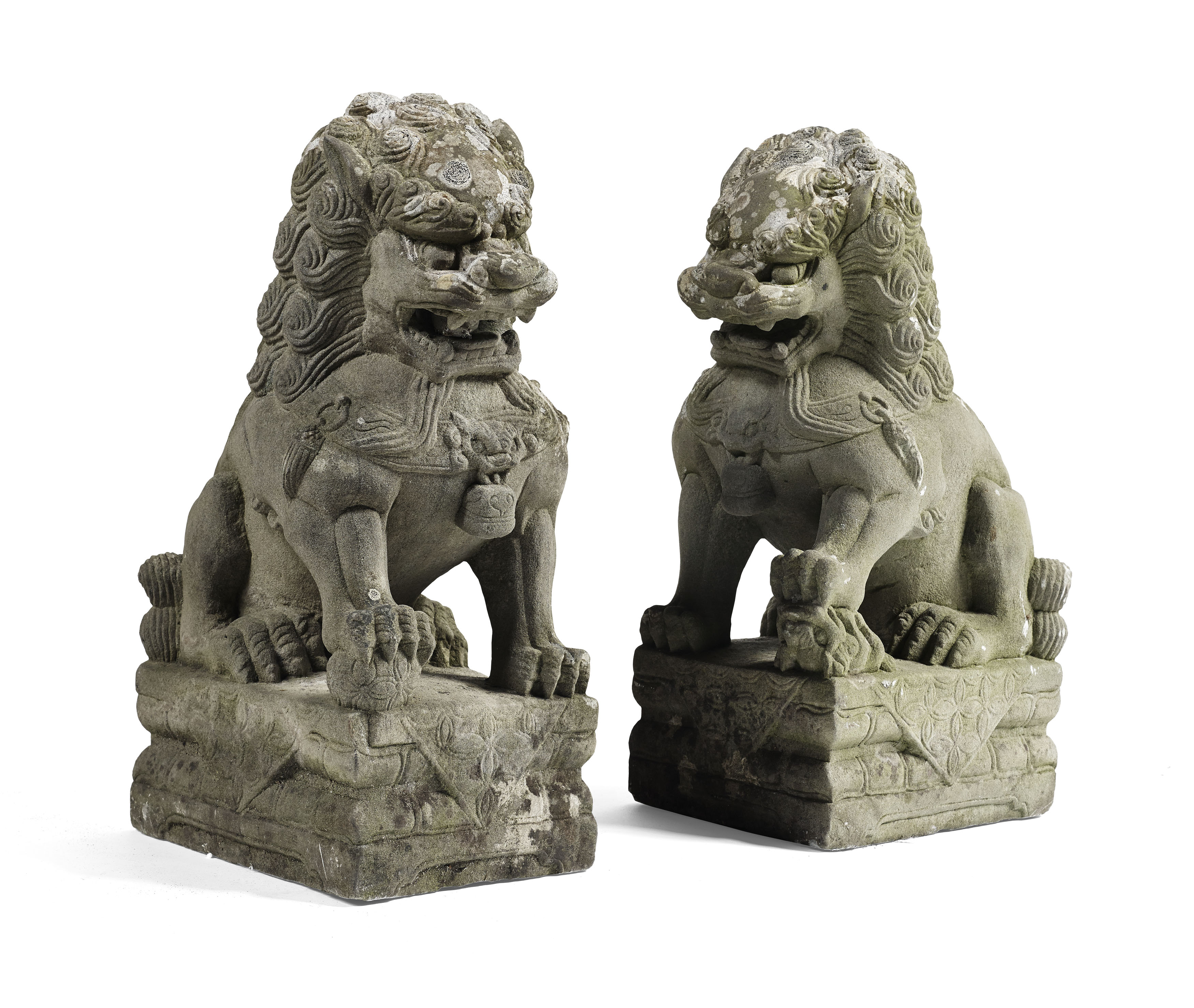 PAIR OF CHINESE CARVED STONE TEMPLE LIONS