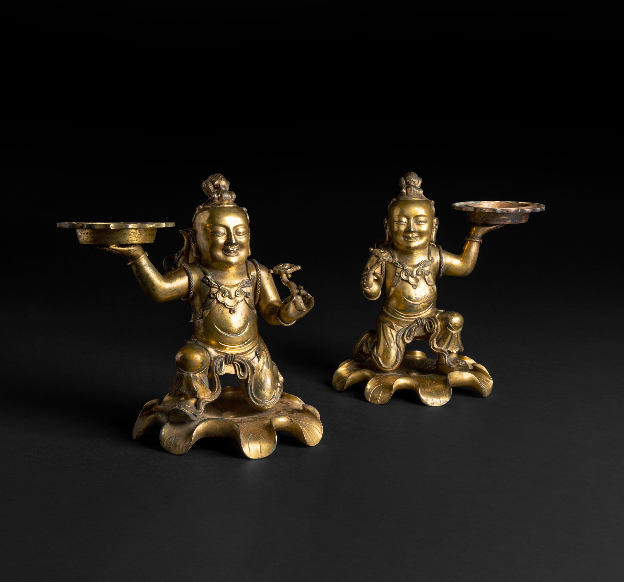 RARE PAIR OF CHINESE 'HEHE' TWIN BOYS GILT BRONZE CANDLE HOLDER