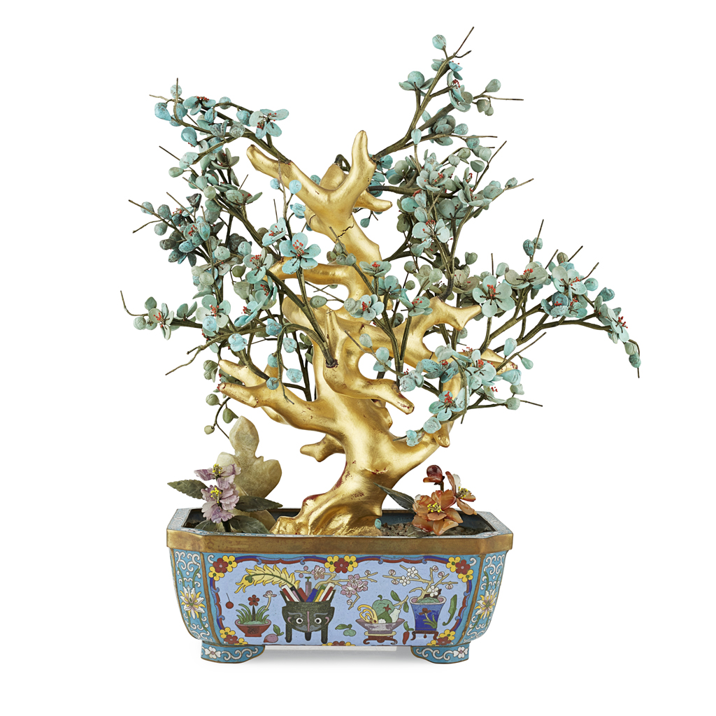 HARDSTONE TREE IN A CLOISONNÉ ENAMEL JARDINIÈRE