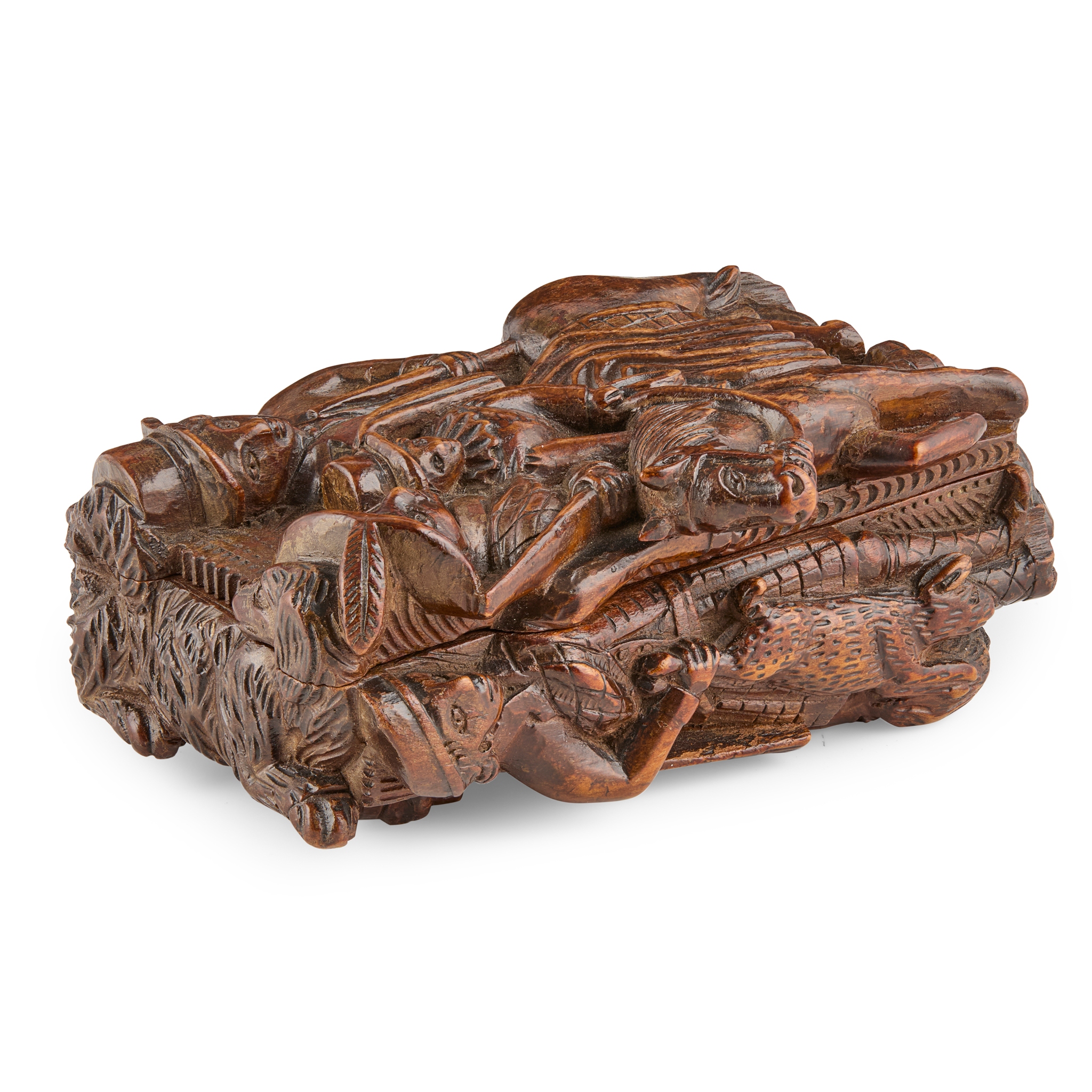 A SCOTTISH CARVED WOOD 'BLIND MAN' SNUFF BOX