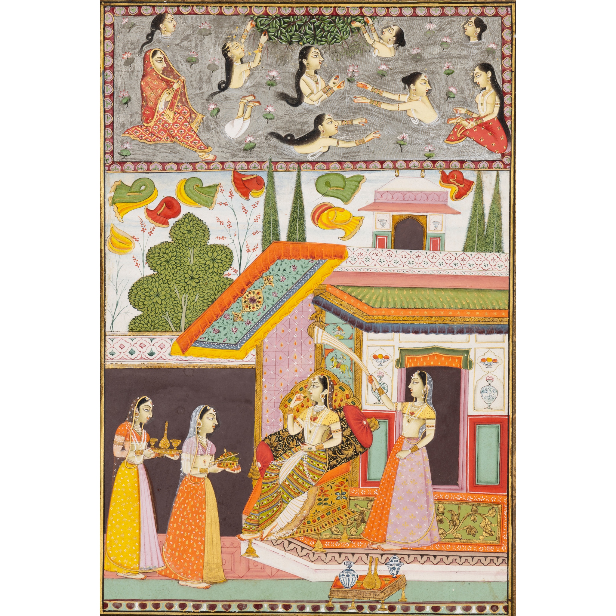 LADIES BATHING IN A PALACE POOL FILLED WITH LOTUS FLOWERS