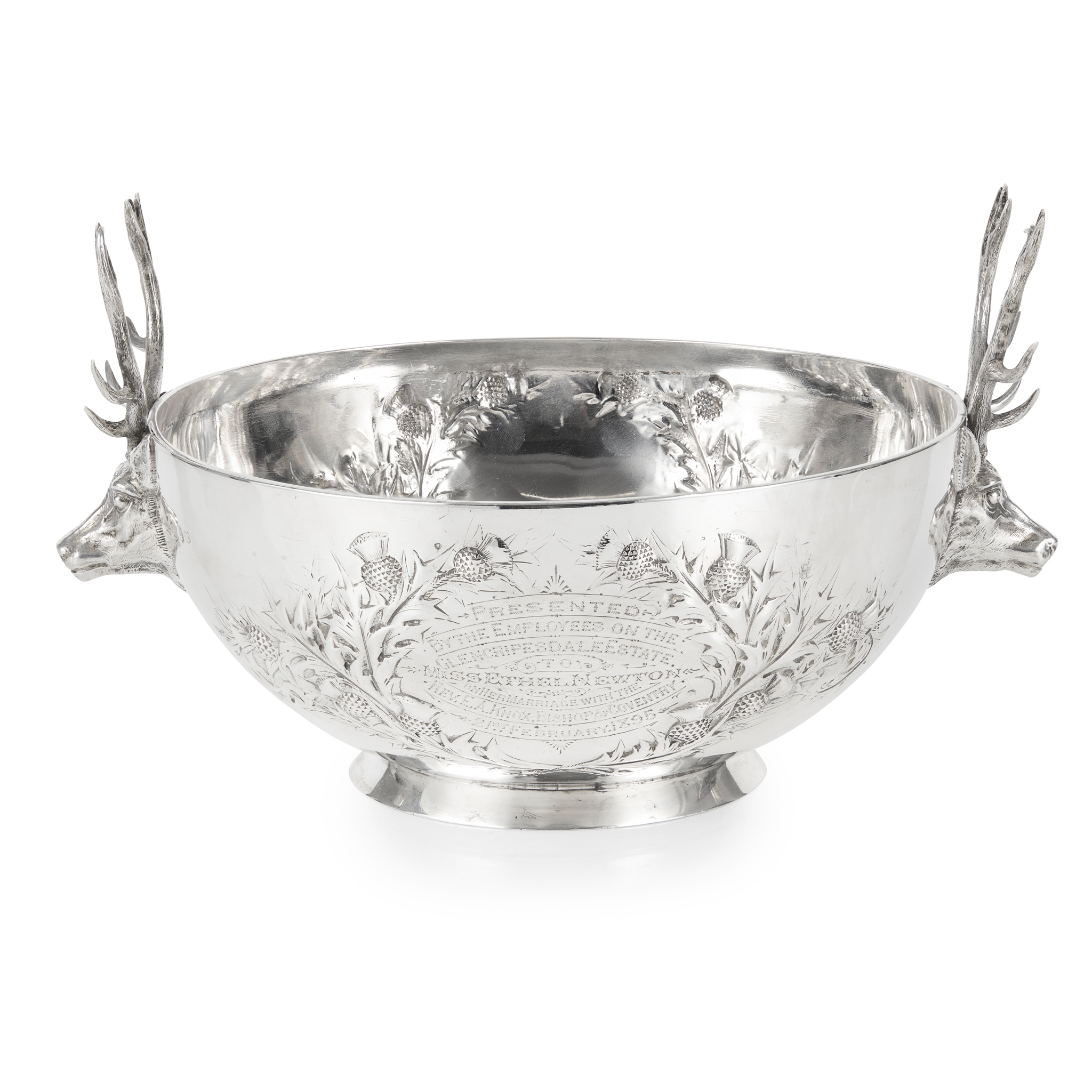 A LATE VICTORIAN TWIN-HANDLED STAG PUNCH BOWL