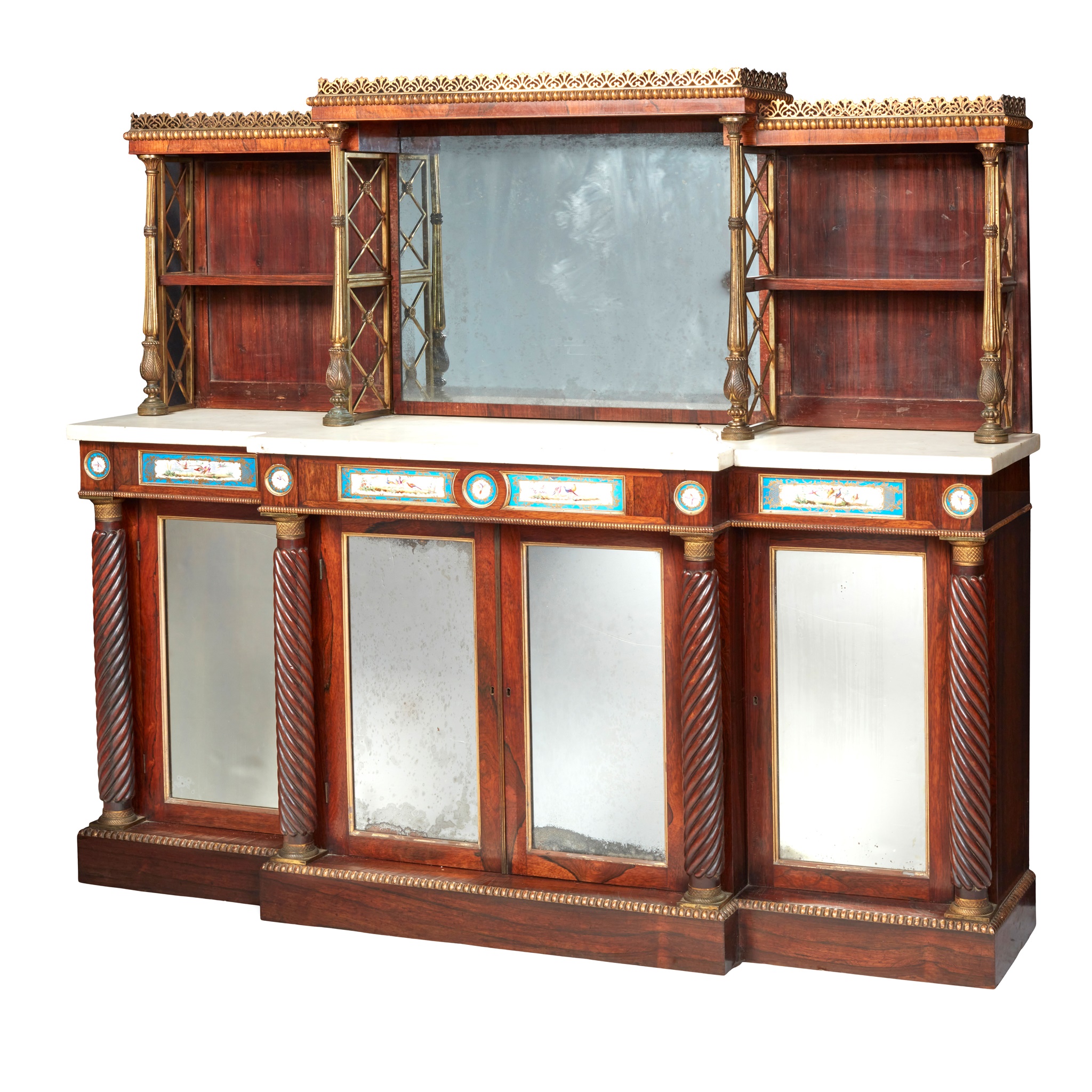 WILLIAM IV ROSEWOOD, BRASS, AND PORCELAIN MOUNTED MARBLE TOPPED CREDENZA