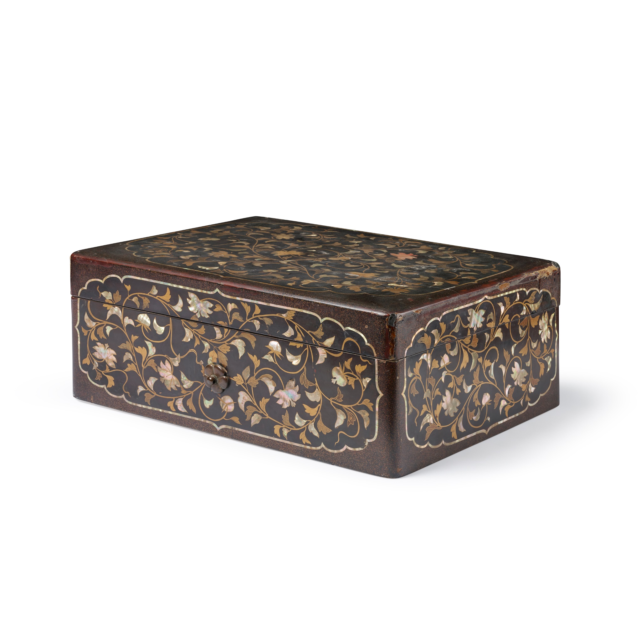 MOTHER-OF-PEARL-INLAID BLACK AND GILT LACQUER BOX WITH COVER